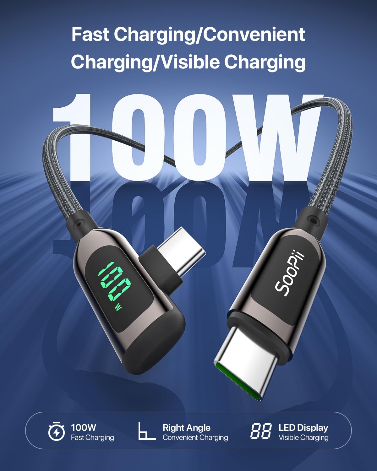 SOOPII Cavo USB C a USB C ad angolo retto da 100W con display LED, cavo caricabatterie USB C PD intrecciato in nylon in lega di zinco da 2 m per lPhone 15, lPad Pro, MacBook Pro, Galaxy S23