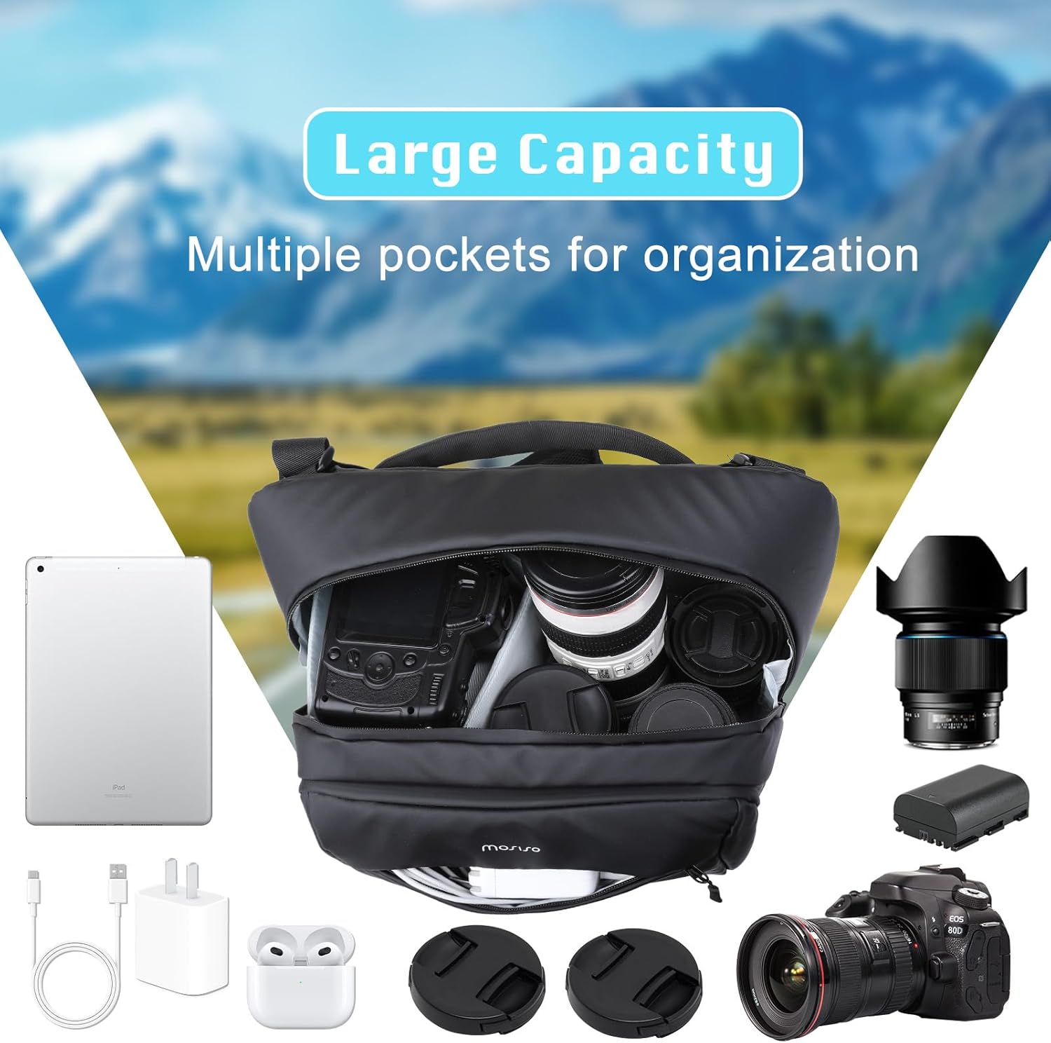 MOSISO Camera Sling Bag, Crossbody Camera Bag for Photographers, Waterproof Camera Shoulder Bags for DSLR/SLR/Mirrorless Cameras, Multifunction Padded Camera Bag with Tripod Holder&Rain Cover, Black - Image 2