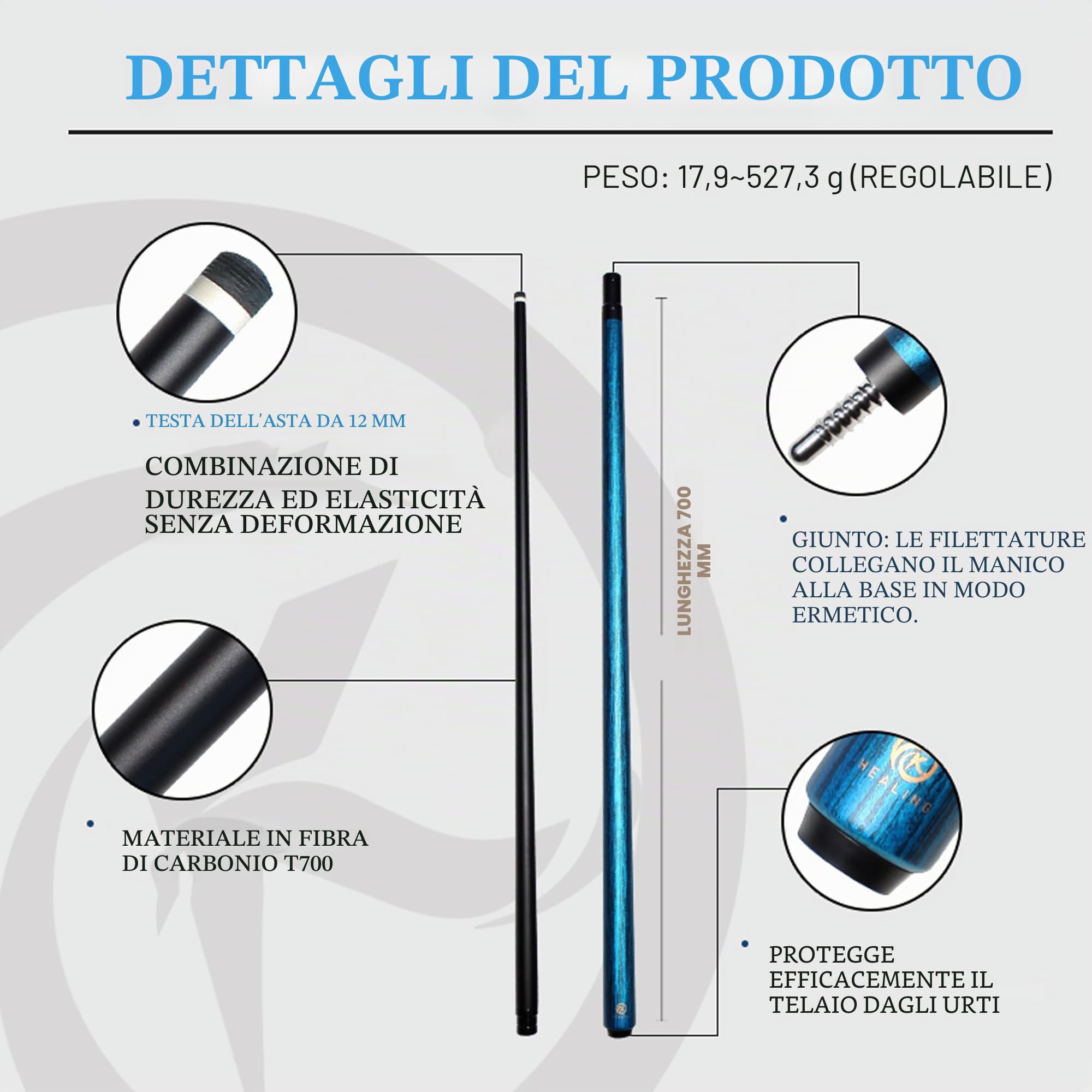 KHEALING Stecca da biliardo in fibra di carbonio, testa da 12 mm, stecca da biliardo a bassa deflessione, accessorio professionale per stecca da biliardo da 142,2 cm, adatta per sala da biliardo