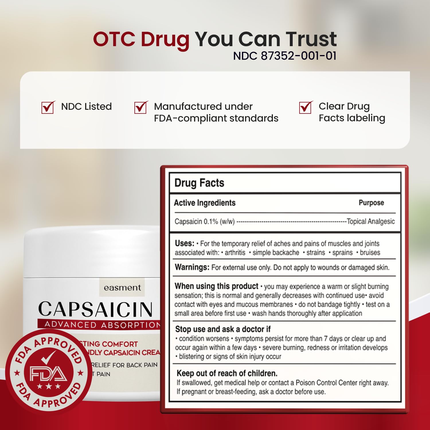 Capsaicin Pain Relief Cream – Topical & Muscle Pain Relief for Joint, Nerve & Back Pain – Medicated Pain Cream with Capsaicin 0.1% – Arnica, Aloe & Chamomile, 4.23 Fl Oz — Amazon image 5