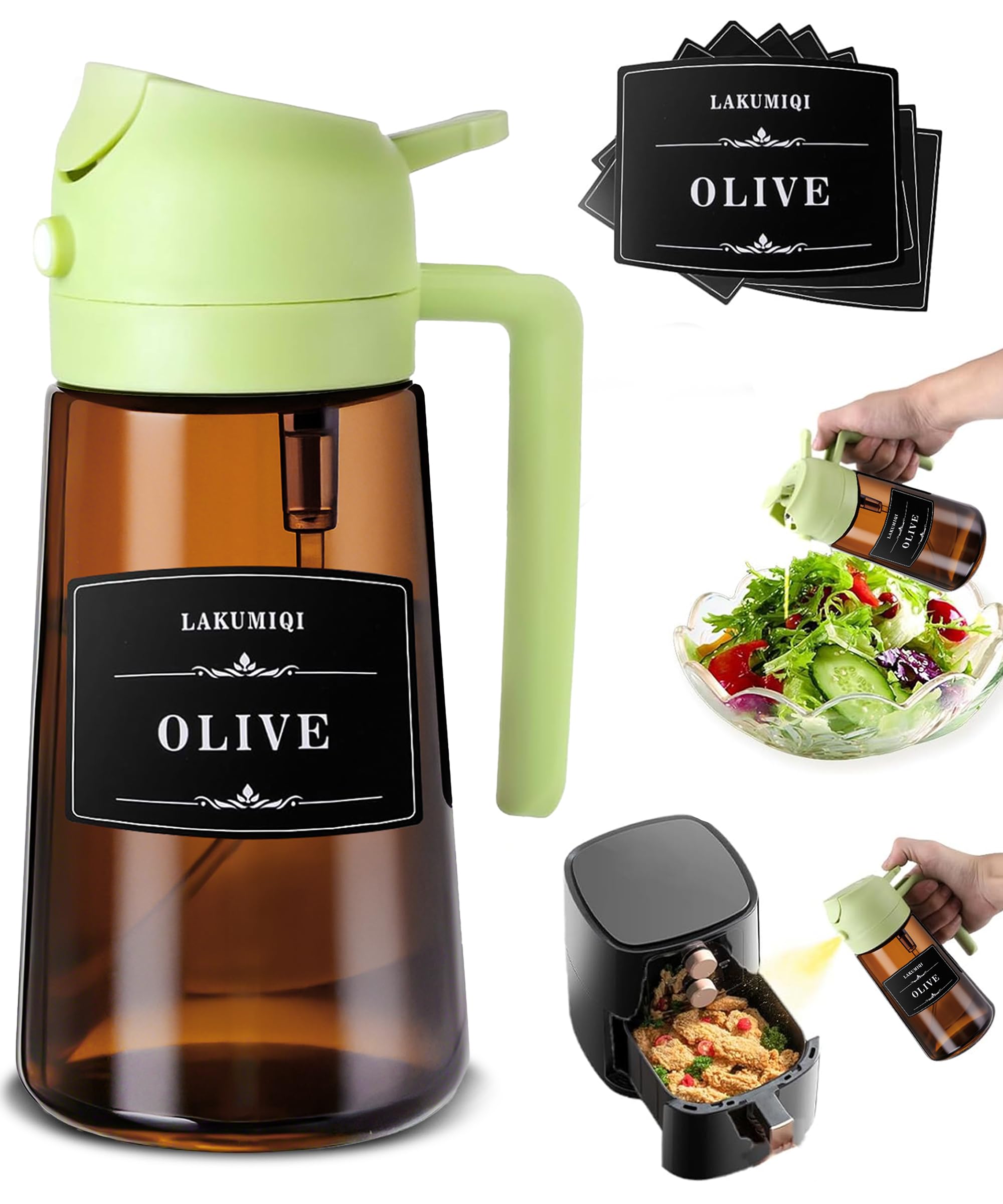 LAKUMIQI 2-in-1 Glass Oil Dispenser & Sprayer - 16oz/470ml Leakproof Olive Oil Sprayer Bottle for Cooking, Air Fryer, BBQ, Baking, Salad (Green)