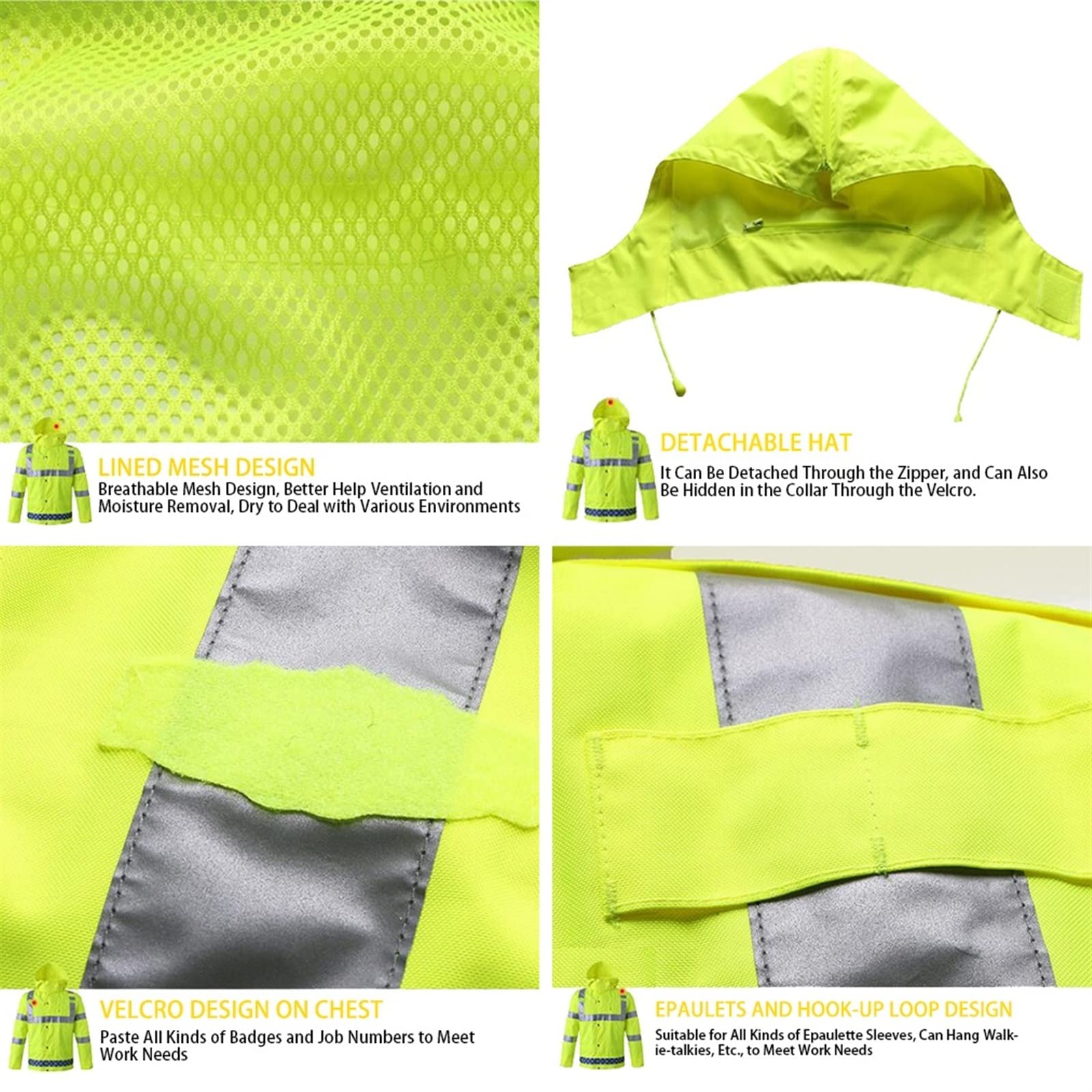 QIULAO Chaqueta Bomber Reflectante De Alta Visibilidad, Chubasquero Impermeable for Hombres Ropa De Trabajo De Seguridad, Calor Acolchado, Forro Y Capucha Extraíbles, Chaqueta De Advertencia Amarilla