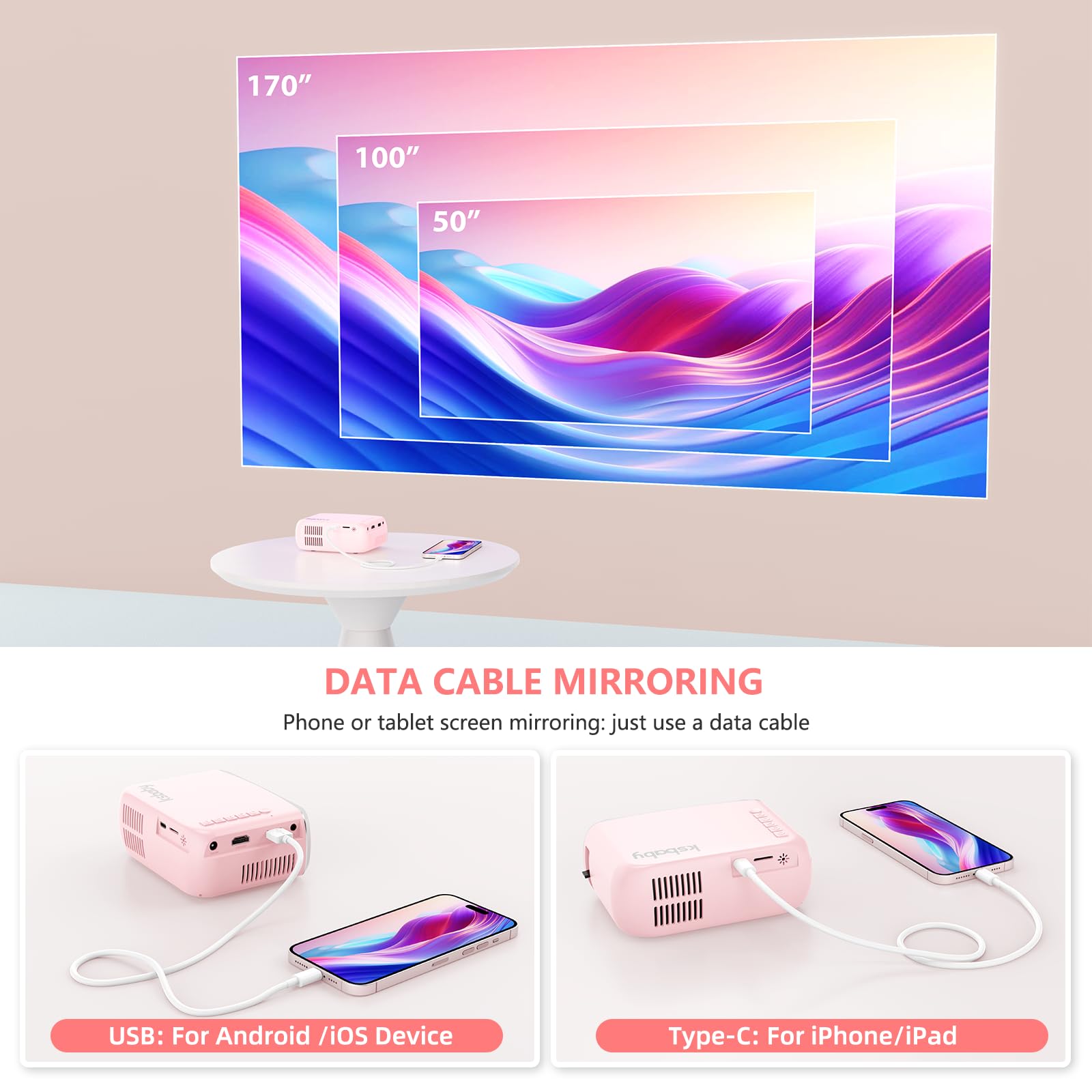 Proiettore portatile, ksbaby proiettore per esterni, mini proiettore video estetico a LED per film portatili all'aperto compatibile con HDMI, USB, laptop, TV Stick, telefono iOS e Android