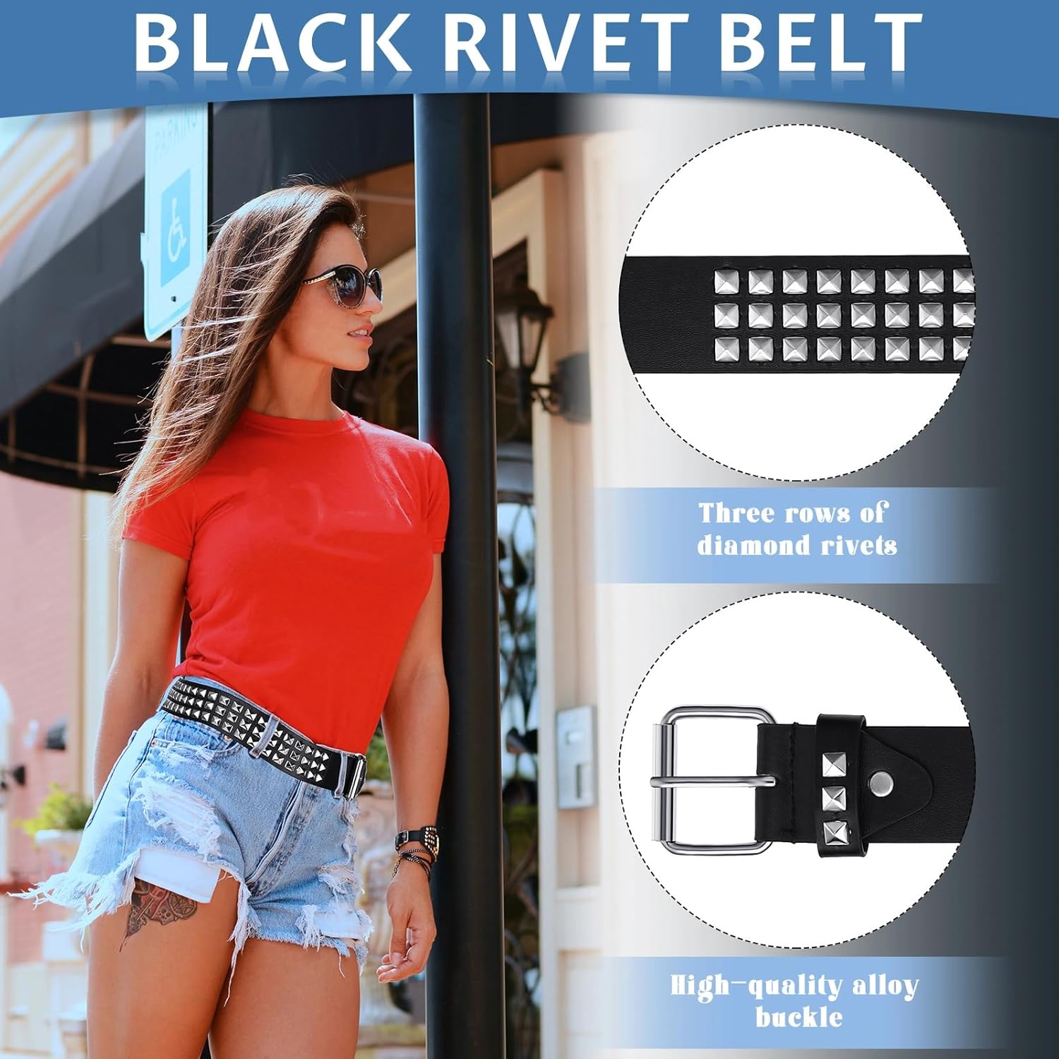 Syhood 2 Pcs Studded Belt Women Double Grommet Y2k PU Leather Punk Rock Rivet Belt - Image 3