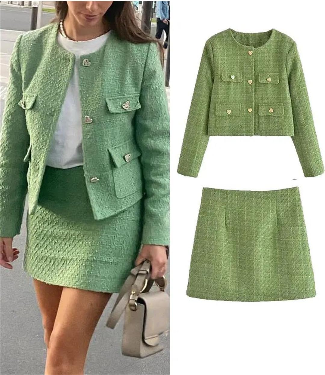 Women Coarse Weaving Loose Single Breasted Jackets + Slim Chic and Elegant Skirts