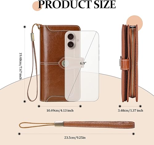 Miniatura 5 de FALAN MULE Cartera de cuero para mujer, de gran capacidad, bifold, con bloqueo RFID, tarjetero con bolsillo para monedas con cremallera