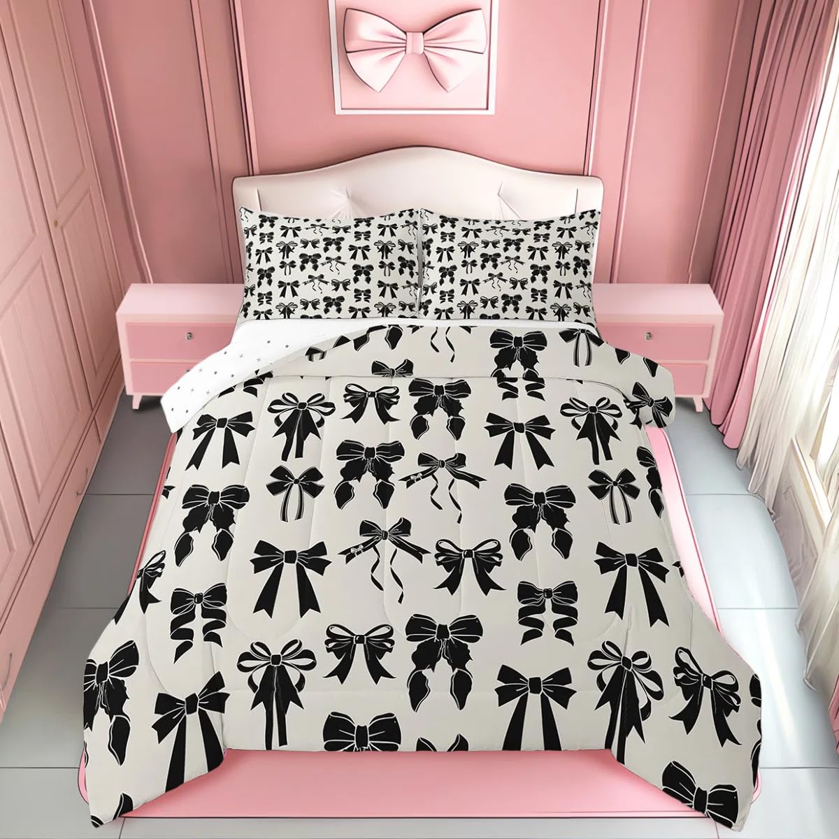 Feelyou Bow Bedding Set Twin Size Black Bow Comforter Set for Kids Boys Girls Decor Cute Bowknot Comforter Microfiber Girls Bow Duvet Set Bedroom Quilt Set