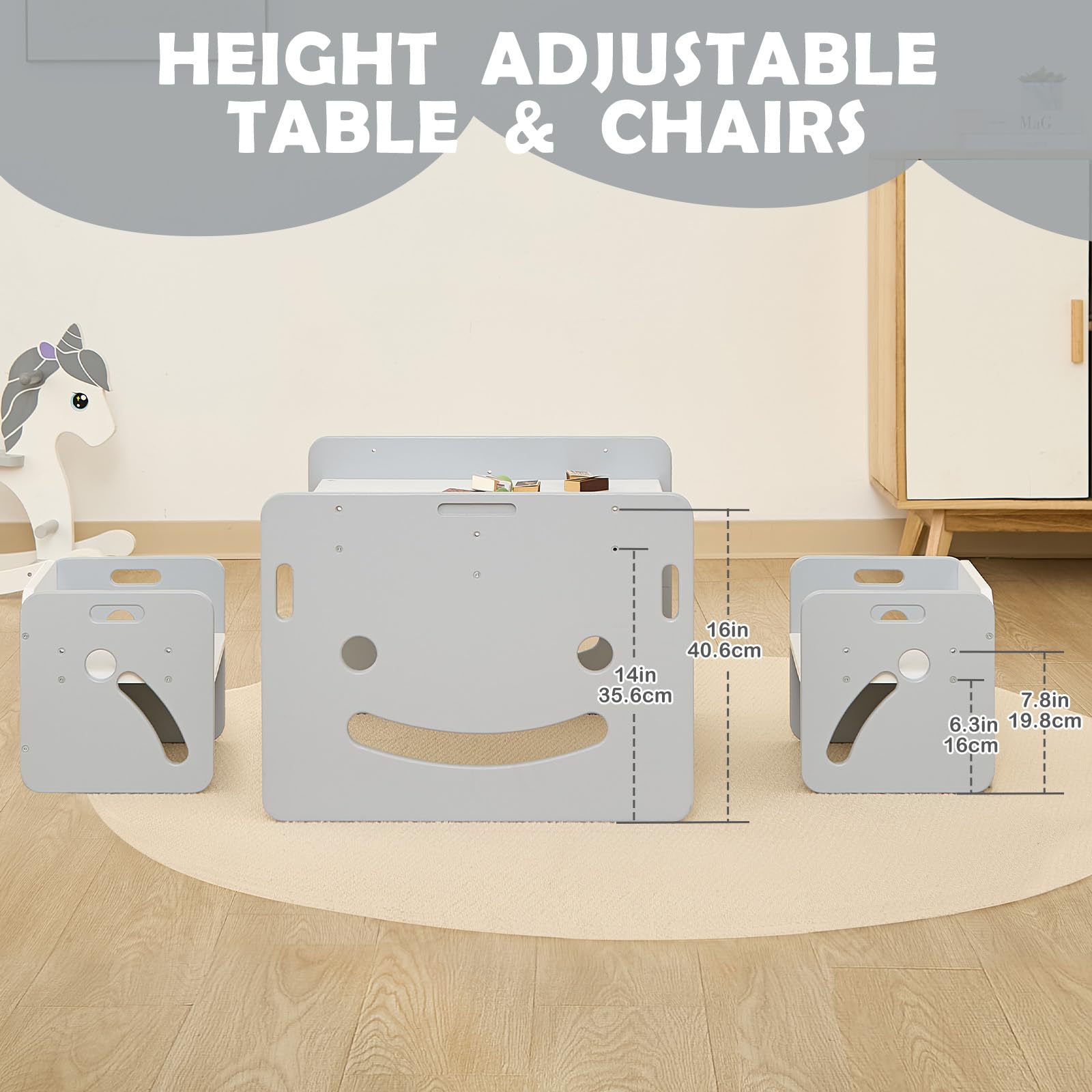 FUNLIO Montessori Table Enfant avec 2 Chaises Ajustables en Hauteur pour 1-3 Ans, Gris Carré, Certifié CPC