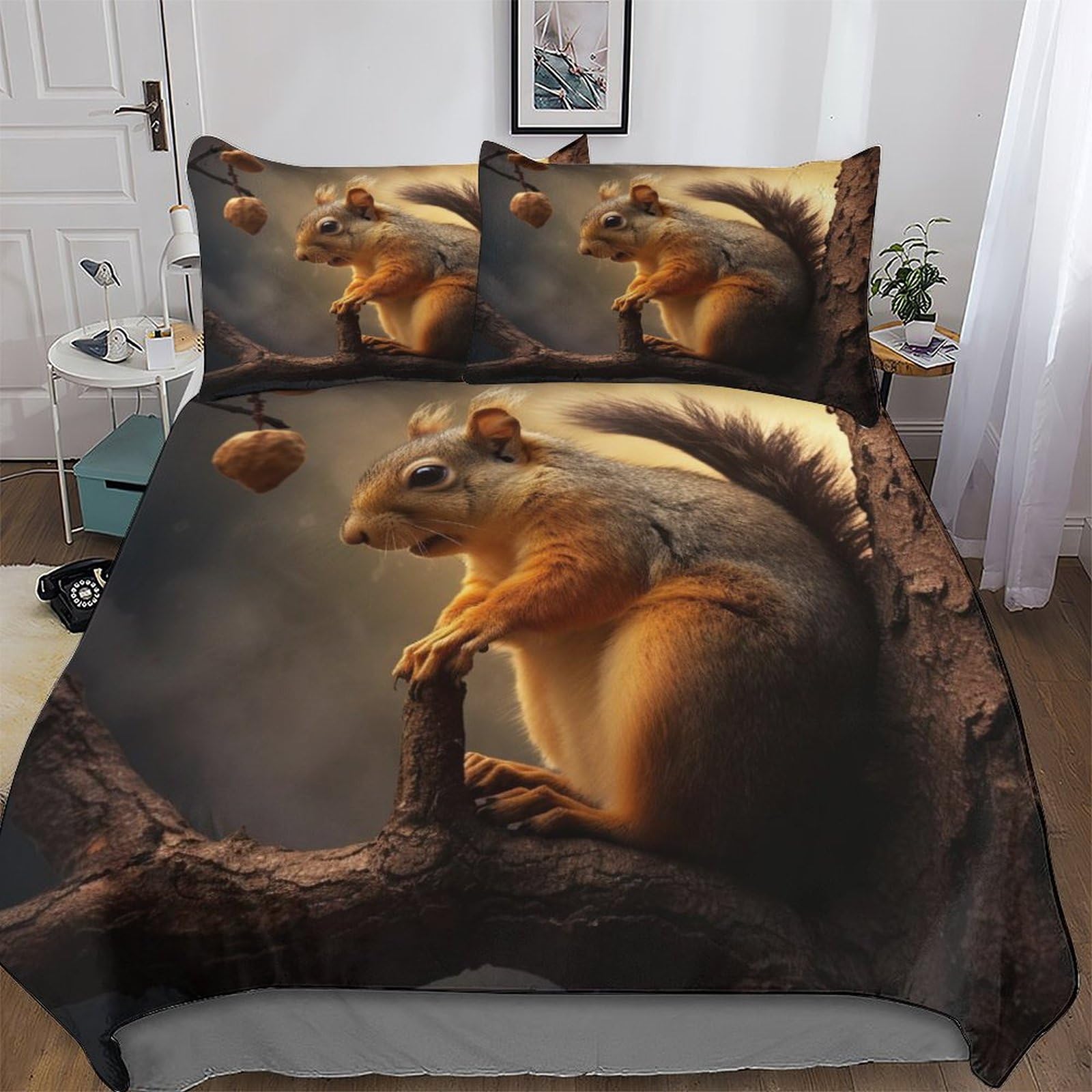 Housse de couette écureuil 200x200cm avec taie d'oreiller microfibre coton double
