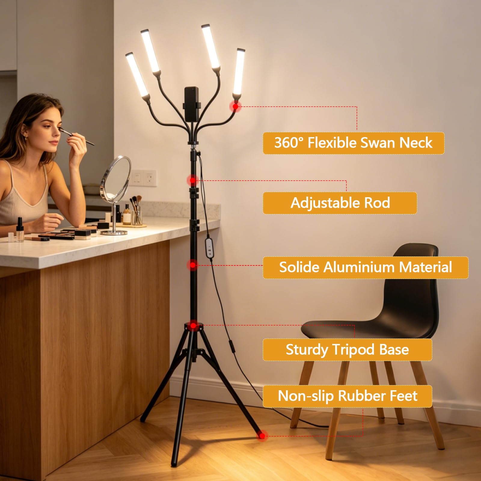 Lampada Video Dimmerabile LED, Quattro Bracci Lampada Estetista con Treppiede e Supporto per Telefono per Luce Truccatore, Lampada per Ciglia, Live Bellezza, Tatuaggio, Riprese Studio
