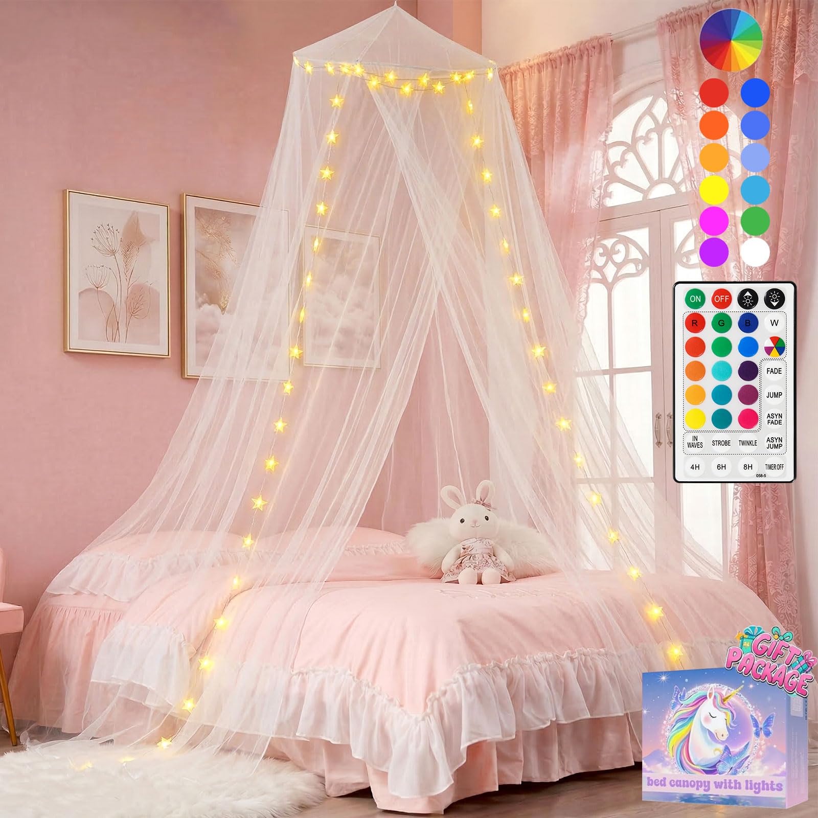 Bed Canopy with Star Lights for Girls Bedroom, 50 LED Color Changing Pink Purple Princess Canopy Bed Curtains, White Dome Bed Netting for Women Gifts
