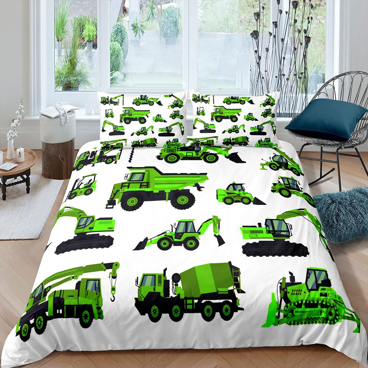 Juego de ropa de cama excavadora para niños, funda de edredón para niños, camión verde, vehículos, transpirable, blanco, ropa de cama y lino, Super King