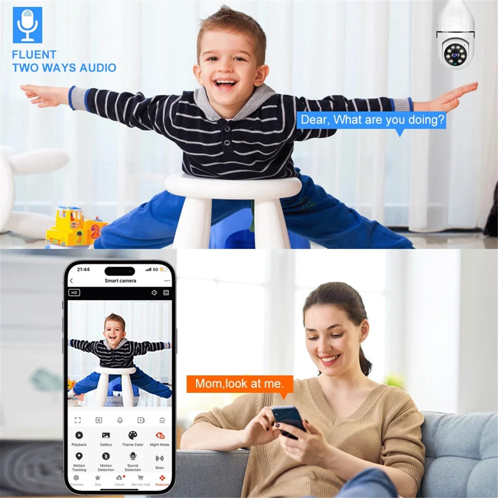 WiFi 5G Ampoule Double Bande 2MP caméra bidirectionnelle Voix AI détection Humaine Vision Nocturne E27 Protection de sécurité Surveillance Installation Polyvalente(5MP Cam 64G Card)