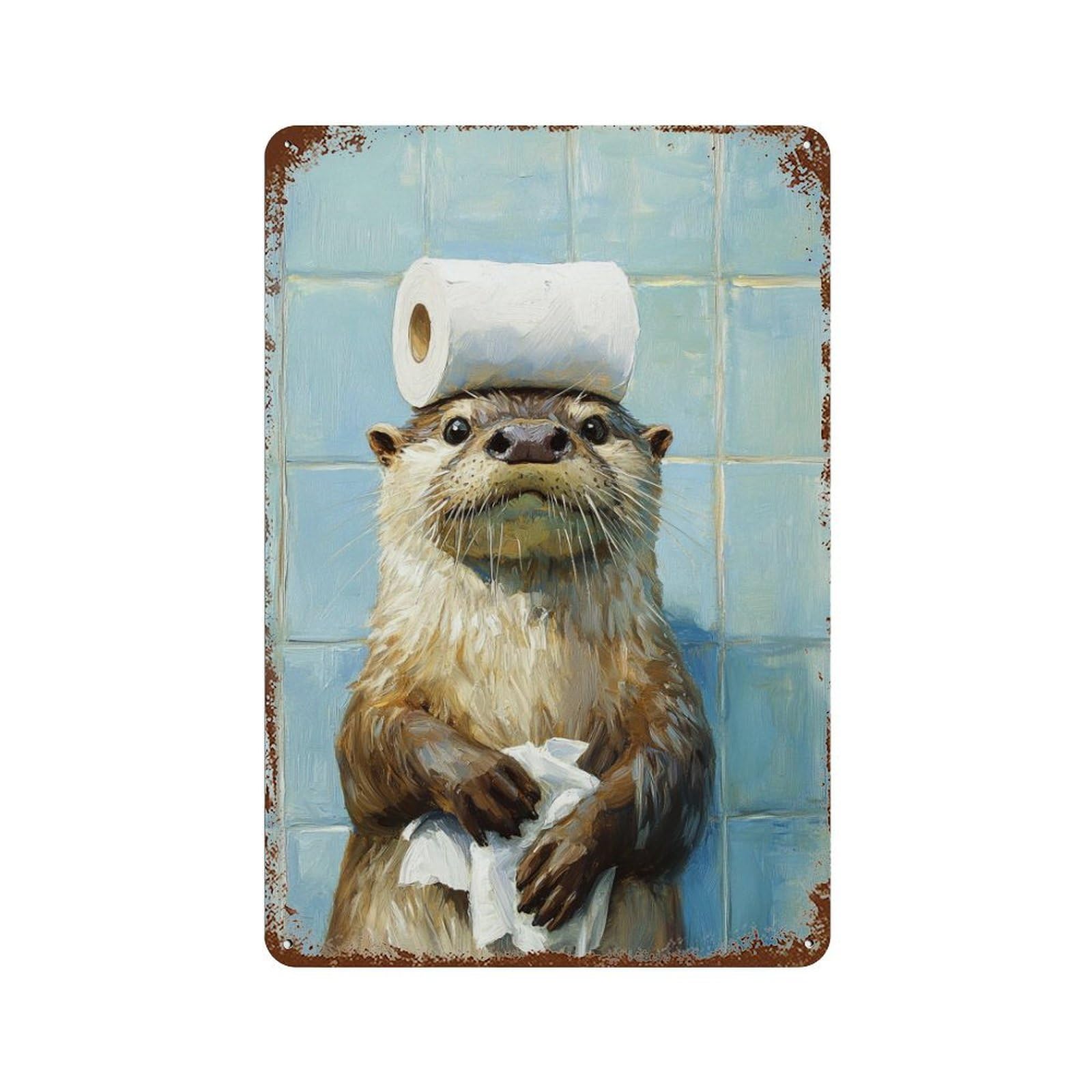 Otter with Toilet Paper Vintage Metal Tin Sign 11.8"x7.9", Rustic Home Decor for Garage, Bar And Workshop Decor