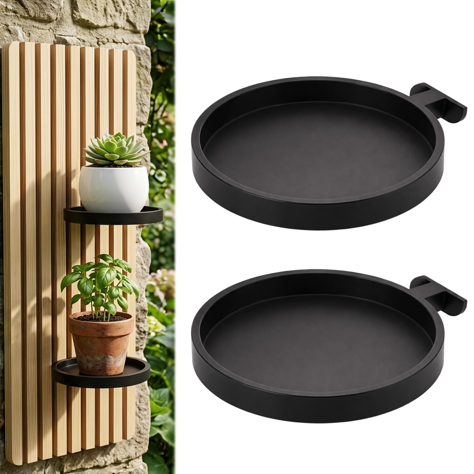 Acoustic Wall Panels Planter Trays, 2 Pack Black Floating Plant Holders for Vertical Greenery Display, Tool-Free Installation for Small Spaces and Modern Interiors, Compatible with 13mm Slat Spacing