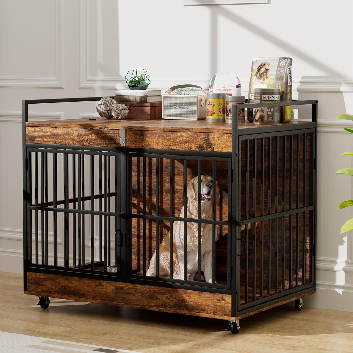 45 Inch Dog Crate Furniture for Large Dog with 2 Stainless Steel Bowls, Heavy Duty Dog Kennel Indoor, Large Wooden Dog Crate Table for Decorate House As TV Stand, End Table