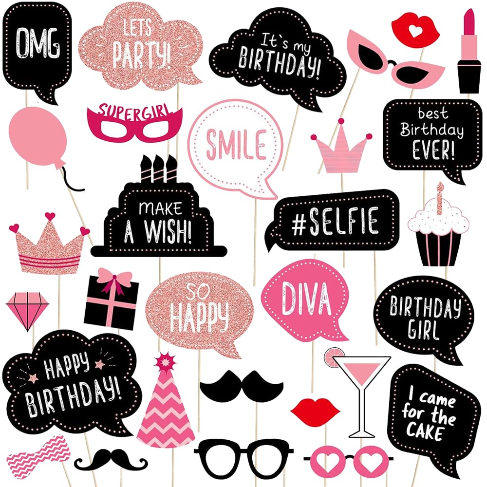 Accesorios para fotomatón de cumpleaños para mujeres o niñas, 30 piezas de oro rosa con purpurina divertida para selfies para decoración de fiesta de cumpleaños