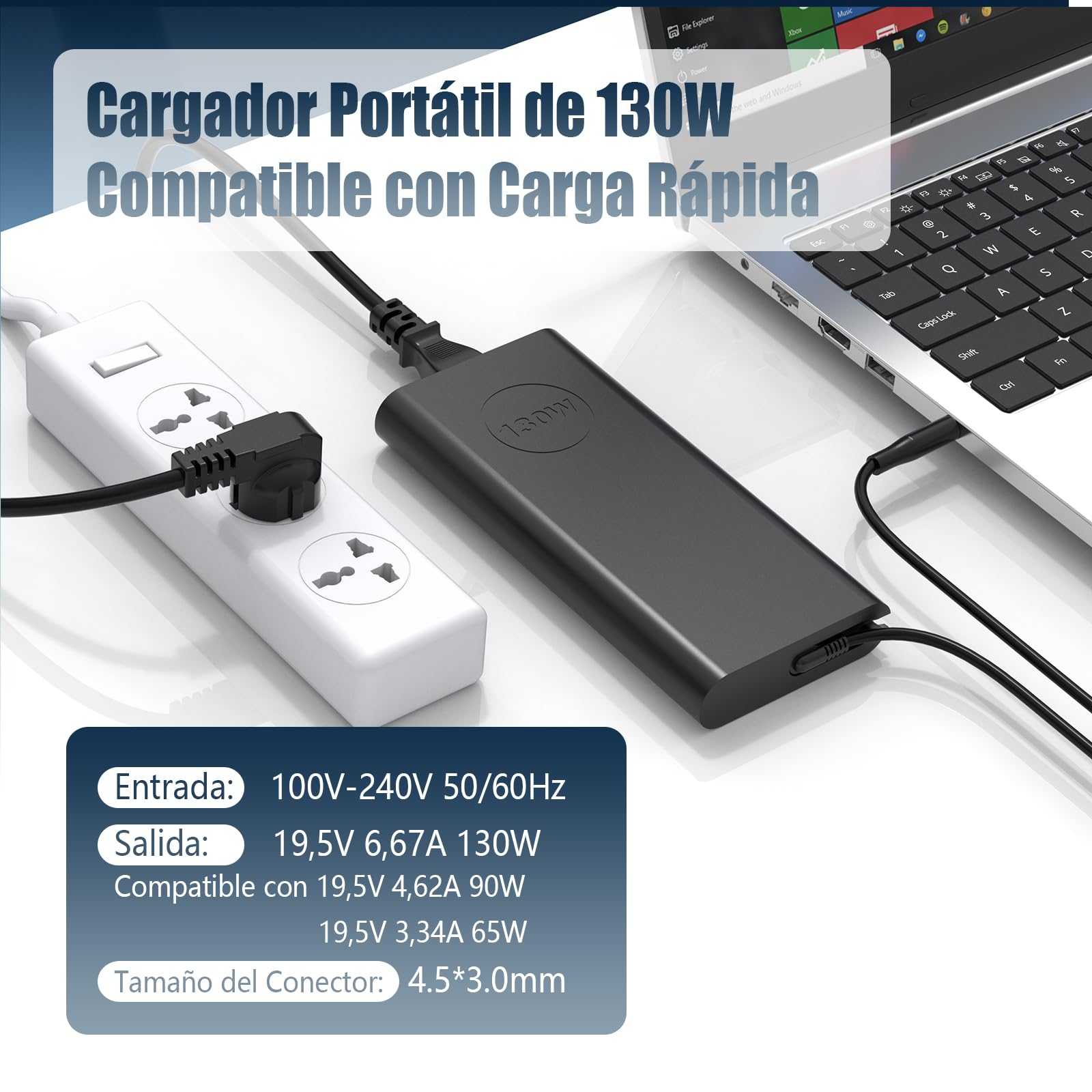 130W 19.5V 6.67A Cargador Portátil para DELL Alimentacion 4,5 x 3,0 mm | para DELL XPS 15 7590 9530 9550 9560 9570 Precision M3800 M2800 5510 5520 5530 5540 Insprion 7347 7348 HA130PM130 DA130PM130