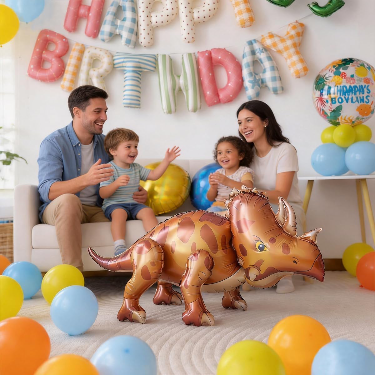 60 PCS Dinosaur Happy Birthday Foil Balloon Decoration Kit, T-Rex, Triceratops, Ankylosaurus Assembleable Inflatable Standing Mylar Balloons with Birthday Banner for Kids Boys Party Decor image 5