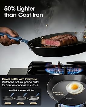 Carbon Steel Frying Pan 25 cm, Nitrided Carbon Steel Skillet, Preseasoned Rust Resistant Cooking Pan, Induction & Oven Safe Professional Cookware
