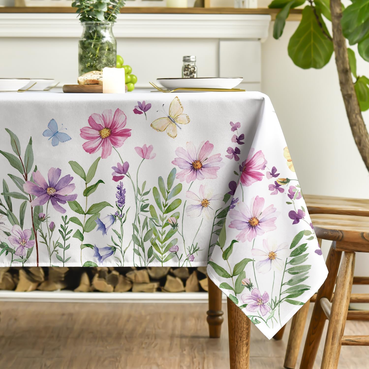 Horaldaily Spring Tablecloth 60×120 Inch, Wildflowers Floral Butterfly Washable Table Cover for Party Picnic Dinner Decor