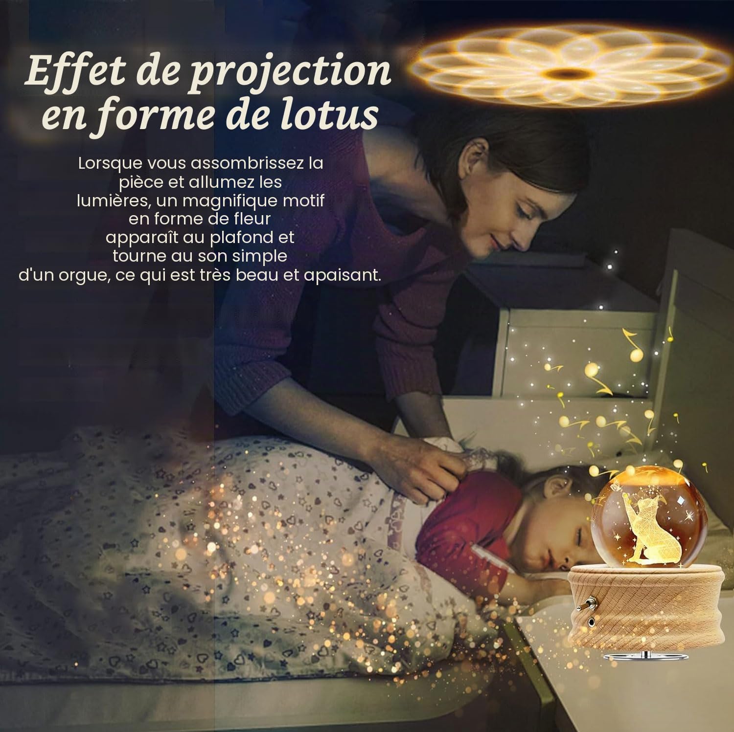 Boîte à Musique Boule de Cristal,Boîte à Musique en Bois Rotative à 360°,Boîte à Musique Petite Lampe de Nuit Prince et Rose avec Projecteur de Lumière Chaude pour Noël,Anniversaire,Saint-Valentin