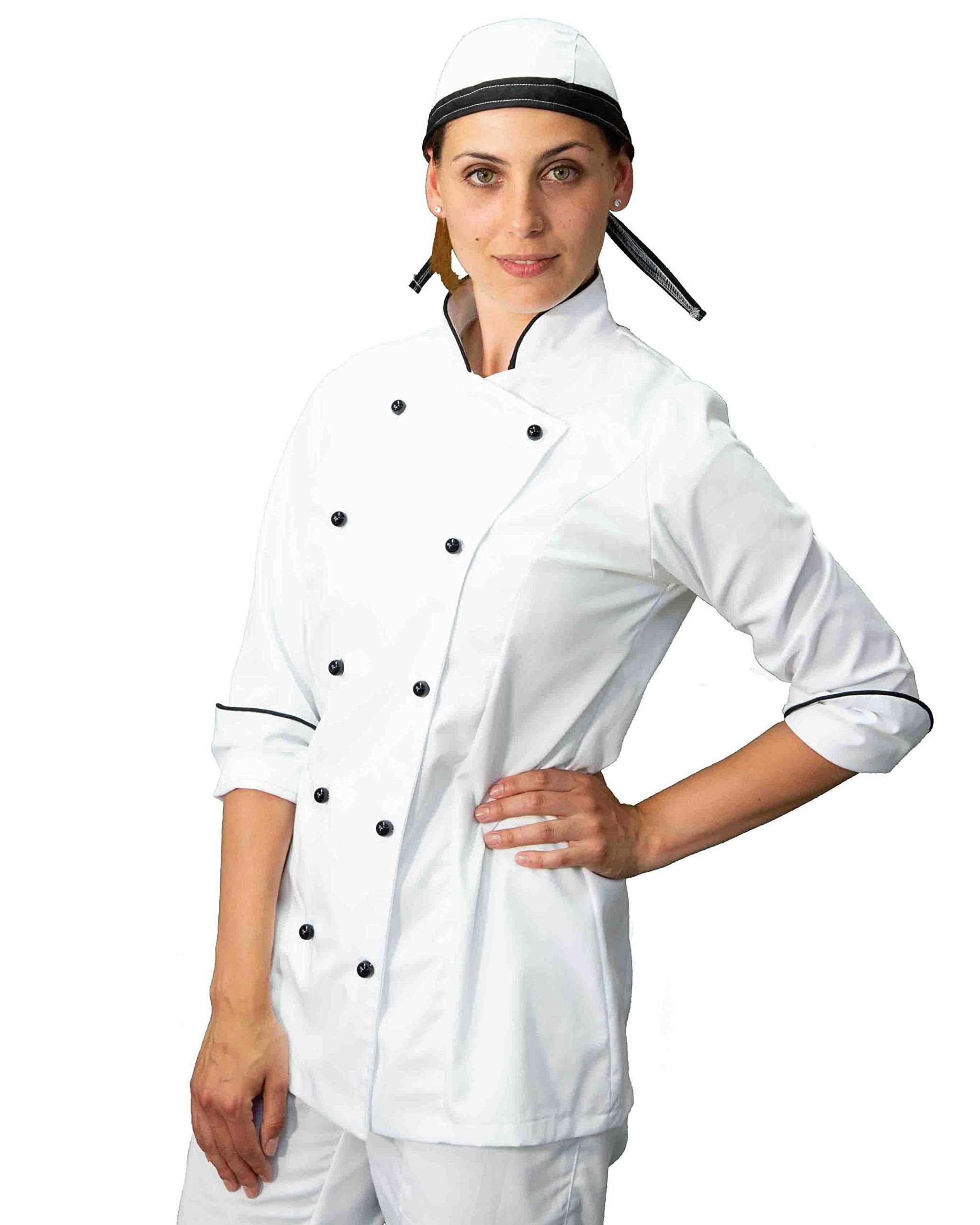Ricamo Gratuito Chaqueta de cocinero para mujer blanca y negra - Casaca Chef para restaurante y cocina