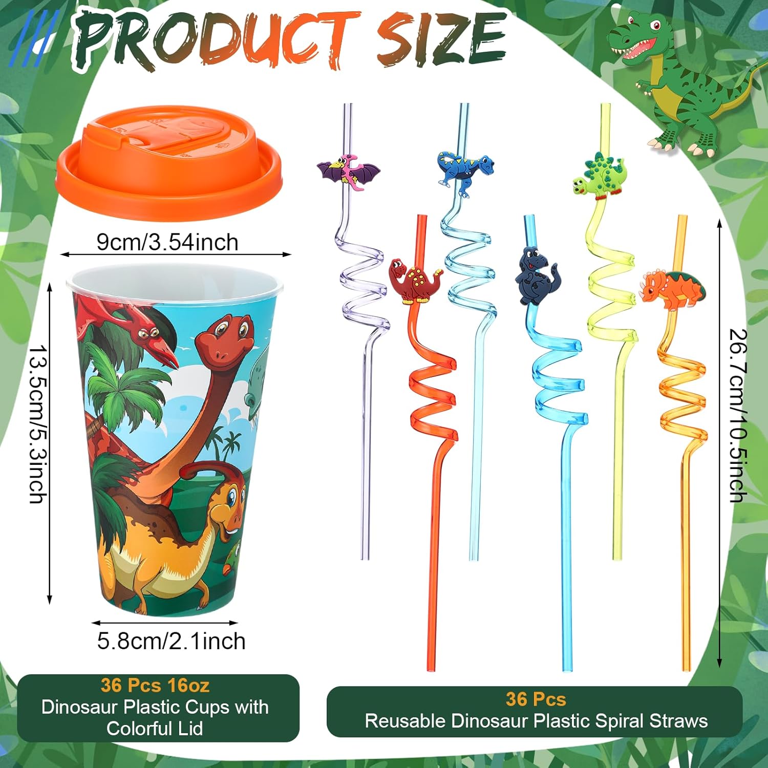 Maxcheck 36 Sets 16 oz Dinosaur Cups Birthday Party Favors with Colorful Lids and Straws for Birthday Decorations Rainbow Plastic Cups Reusable Plastic Straws for Party - Image 2