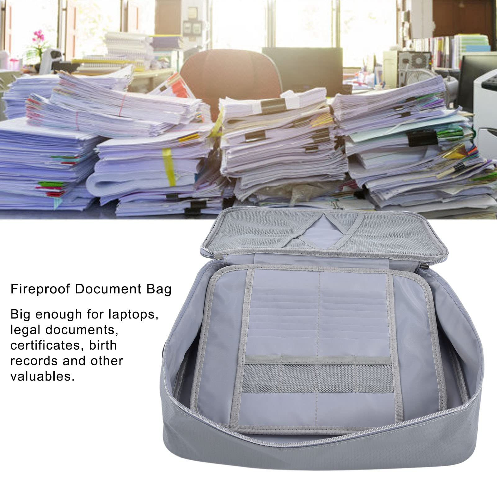 Borsa portadocumenti ignifuga, Custodia organizer per documenti con serratura, Cassetta di sicurezza ignifuga di grande capacità per file, contanti, gioielli, passaporto, (Argento)