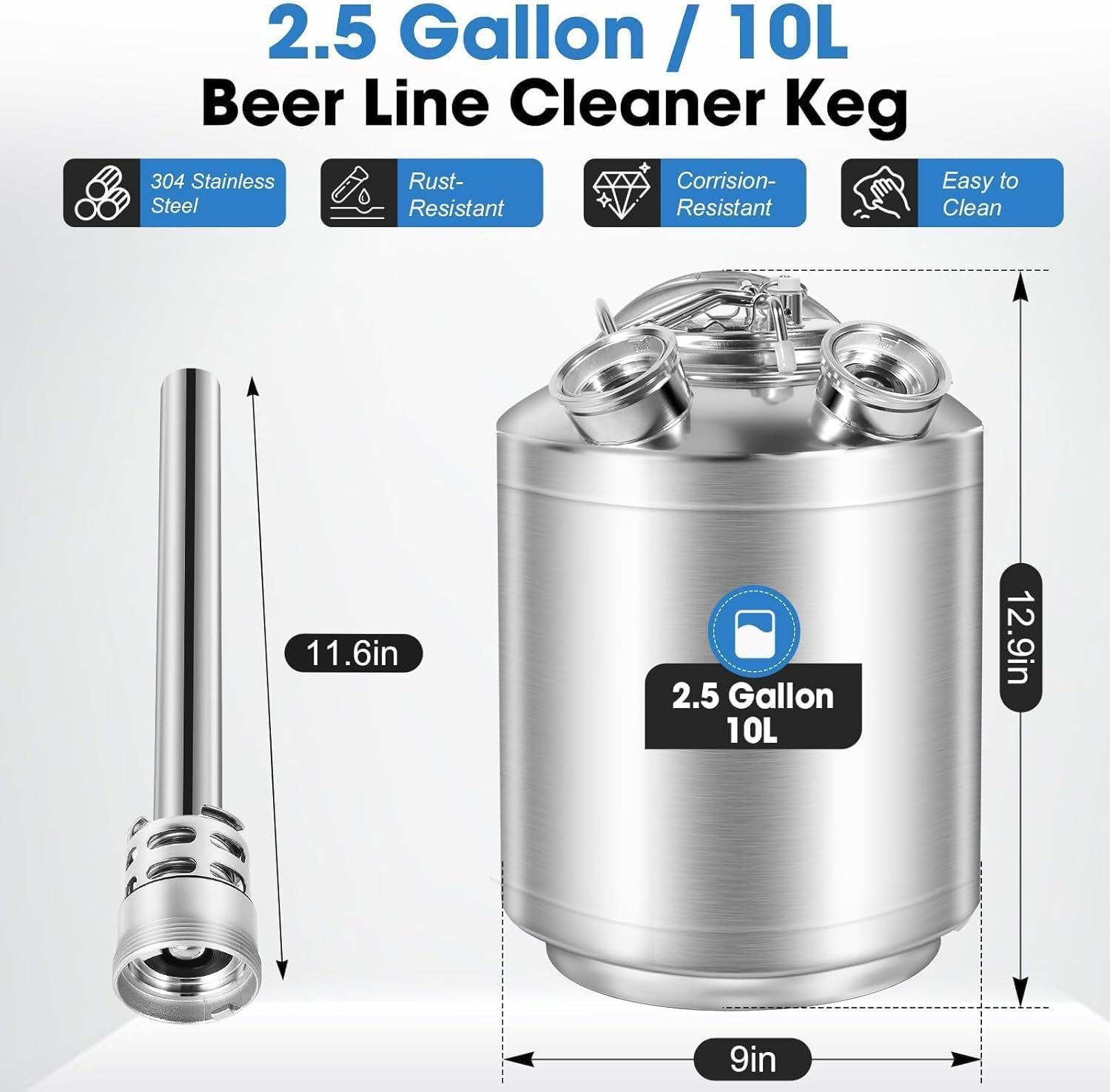 Limpiador de línea de cerveza de 10 L, lata de limpieza de acero inoxidable con tapa, compatible con lanzas de barril 3A/3S/1A+2S/2A+1S para mantenimiento de máquinas de tiro