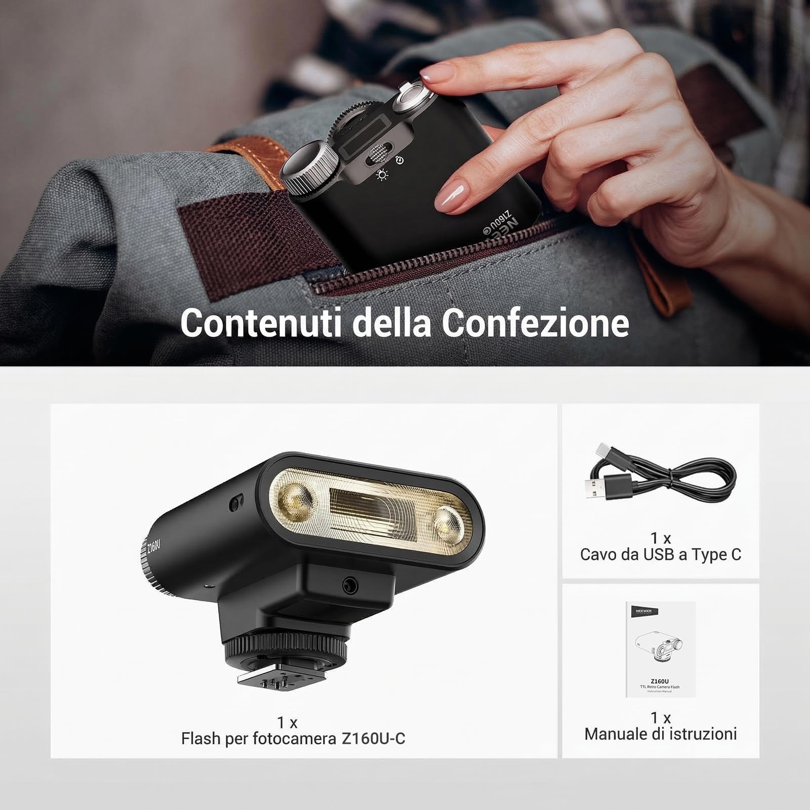 NEEWER Flash Speedlite Z160U-C Per Fotocamera, Compatibile Con Canon E Godox, 18Ws GN14 6000K TTL 1/8000 HSS, Luce Flash Da Collegare Alla Fotocamera Con Batteria USB C, 1100 Flash A Piena Potenza | Compatibile con Godox, 18Ws GN14 6000K TTL 1/8000 HSS, O