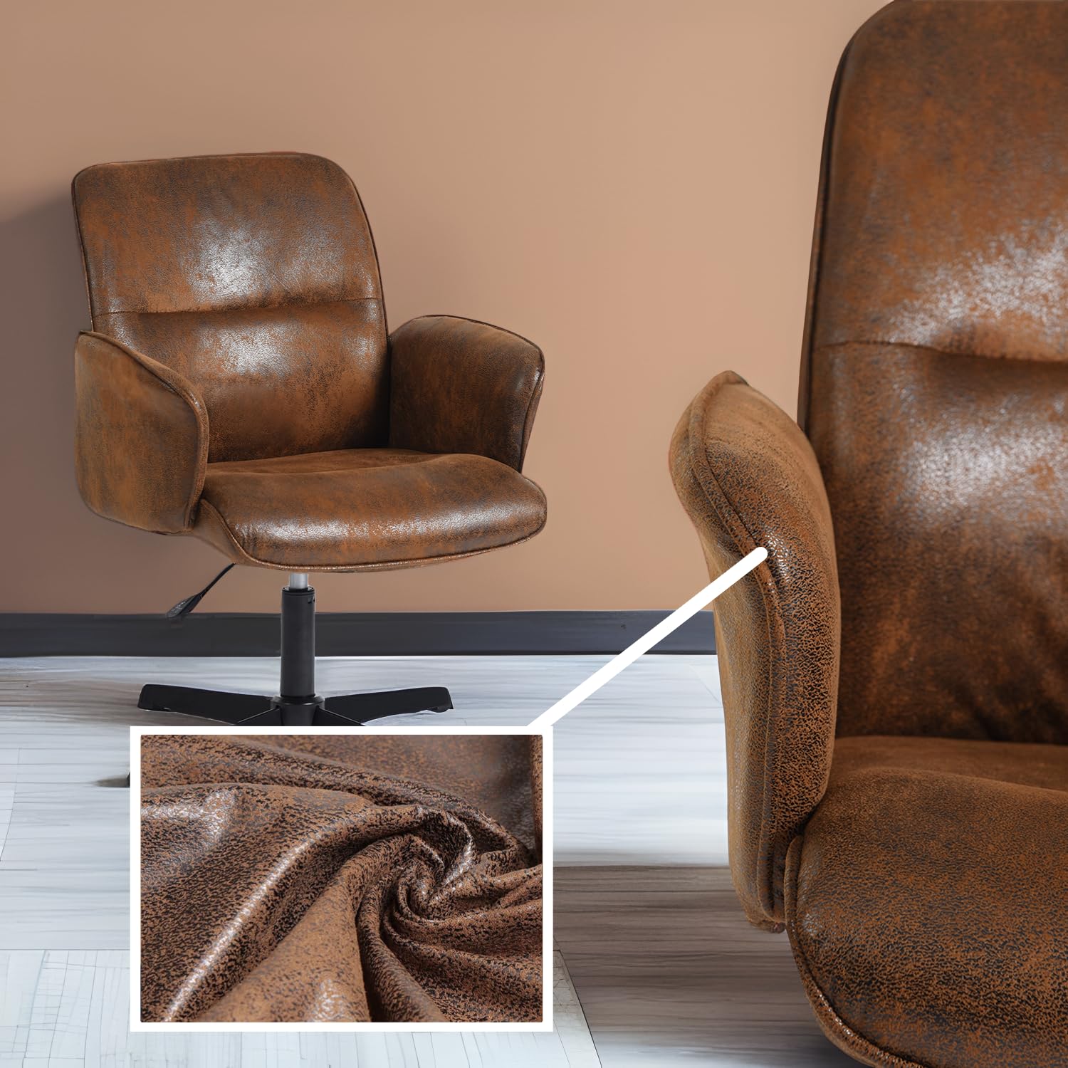 Furnish Krzesło do gier, brązowe, zamszowe, z regulowaną wysokością i obrotem o 360°, do pokoju rekreacyjnego, ergonomiczny fotel z wyściełanym oparciem, do sypialni bez kółek, pojemność 113 kg