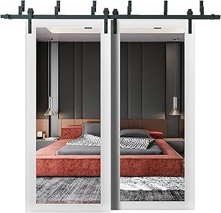 Sliding Closet Barn Bypass Doors 36 x 80 inches | Lucia 1299 White Silk with Mirror | Sturdy 6.6ft Rails Hardware Set | Wood Solid Bedroom Wardrobe Doors