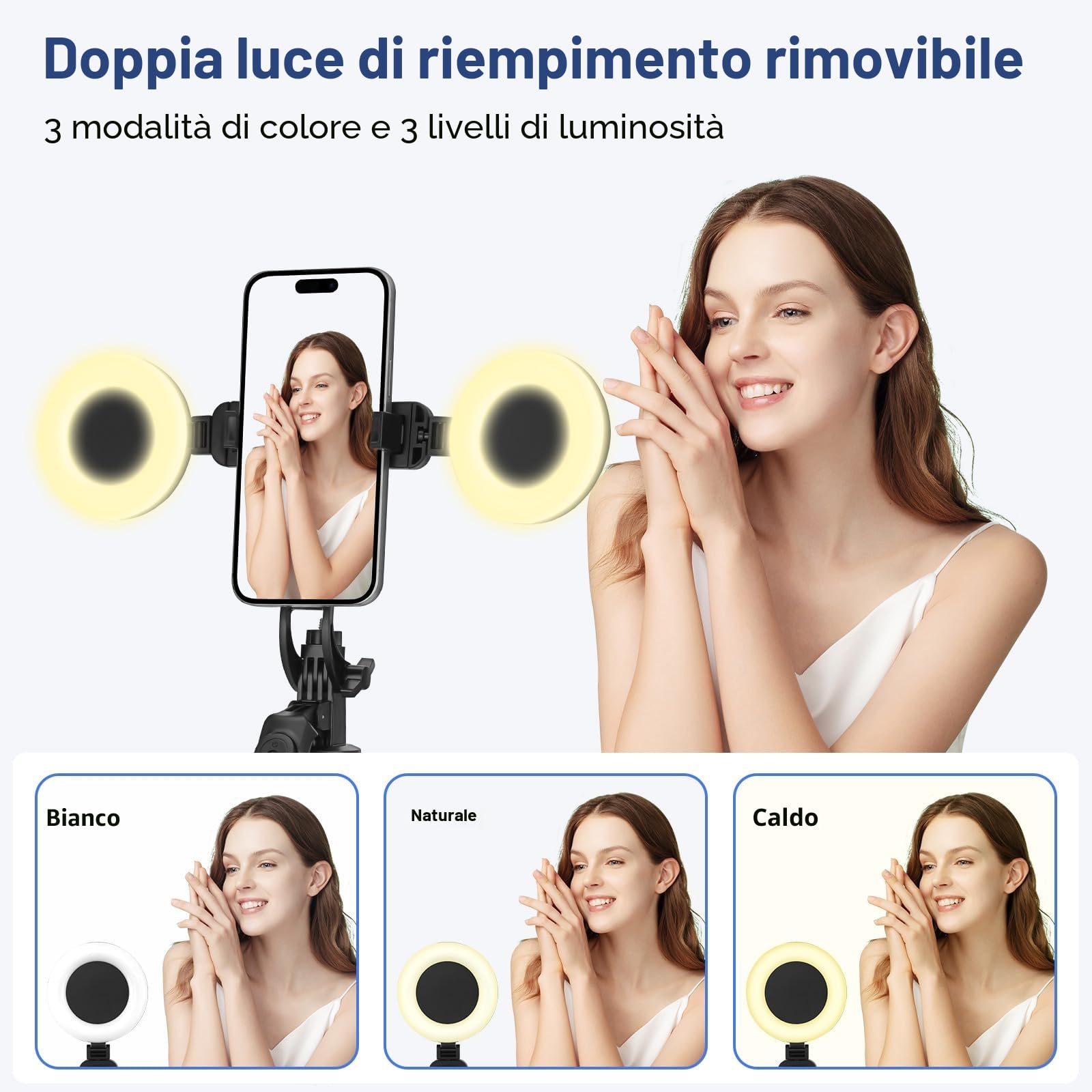 Treppiede per cellulare Vlogging-Kit per iPhone/Android, selfie stick da 180 cm con 2 luci di riempimento e microfono senza fili, treppiede per smartphone, kit di partenza per Tiktok/YouTube