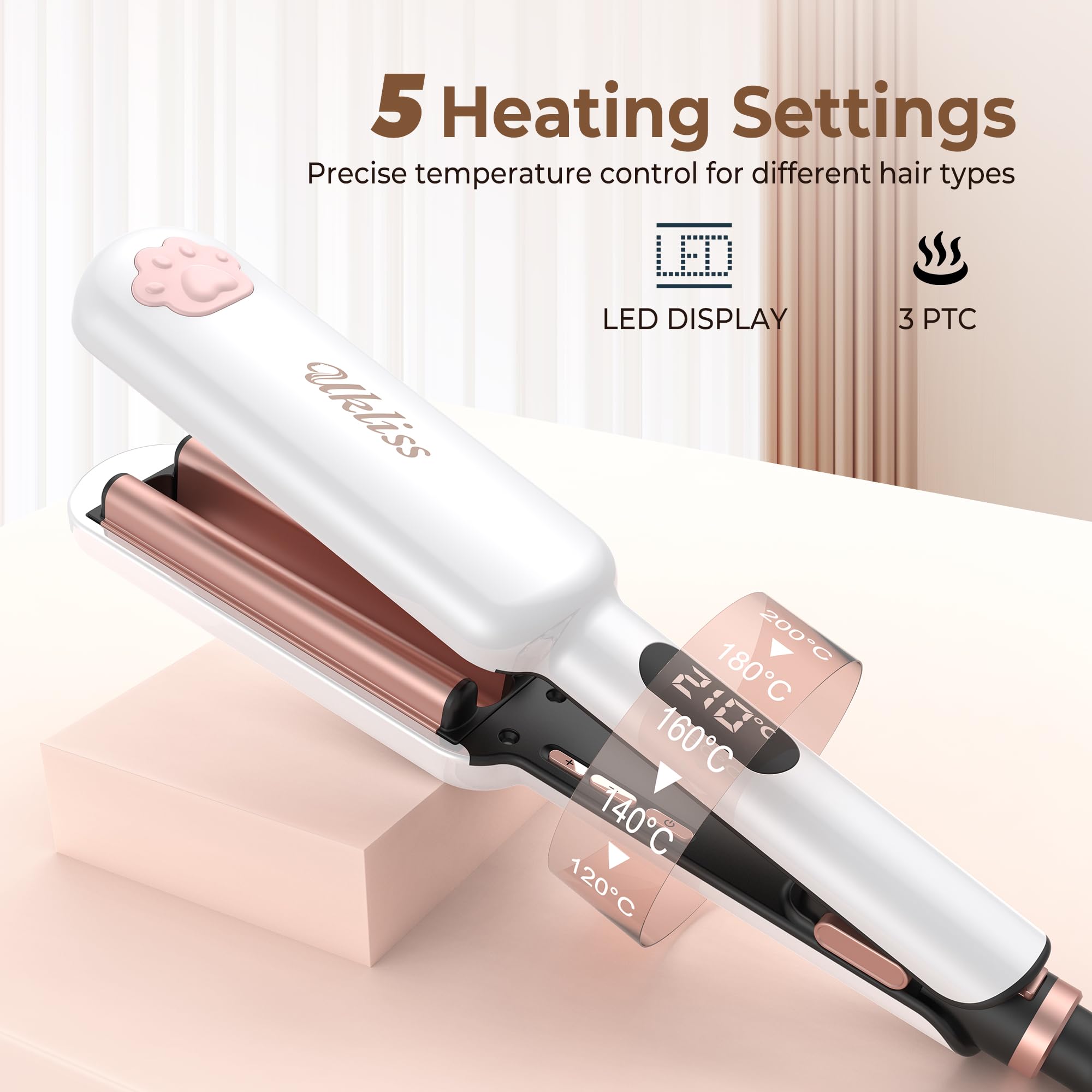 UKLISS Plancha ondulada, Pro Mini plancha ondulada para cabello, rizador de pelo grande, adecuado para principiantes, pantalla LCD [130-210℃], con alfombrilla de aislamiento térmico, guantes y bolsa