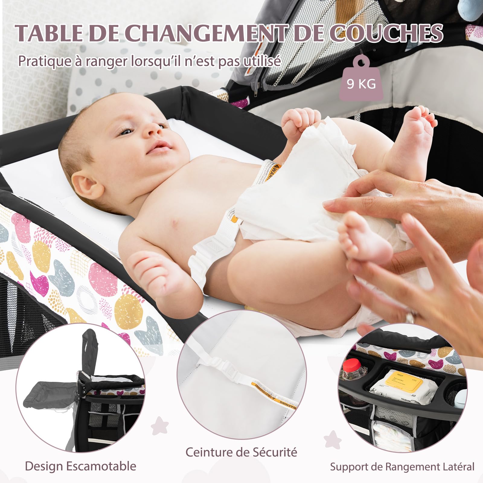 DREAMADE Lit Parapluie Bébé avec Matelas,4 en 1 Lit de Voyage 102x73x80CM Tout-Petites 0-3Ans avec Roues Verrouillables,Auvent Réglable,Poche,Porte-Couches,Sac de Transport (Noir+Cercle)