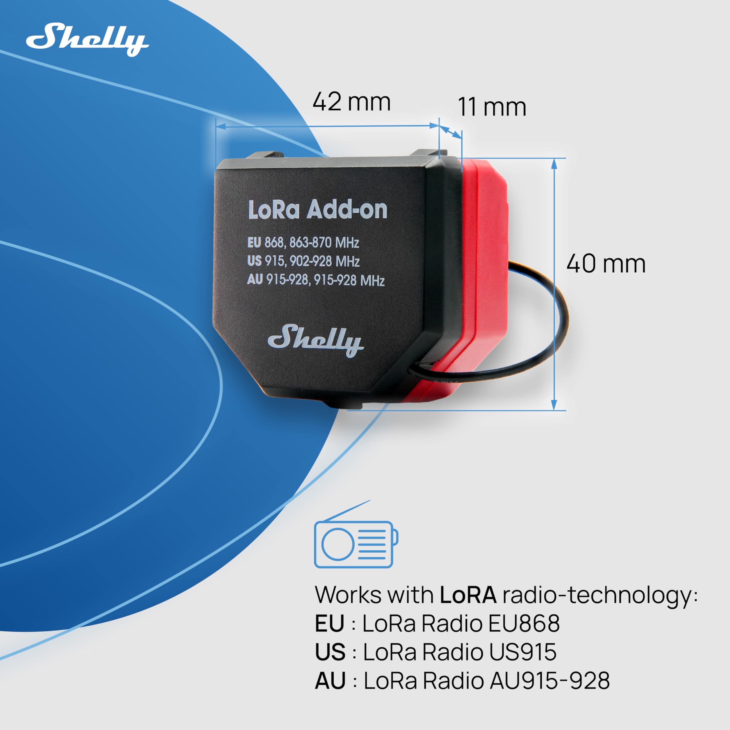 Shelly LoRa Add-on - Amplificador de señal LoRa para dispositivos intelugentes Shelly Gen3 et Gen4, Hasta 5 km, Banda de frecuencia EU868