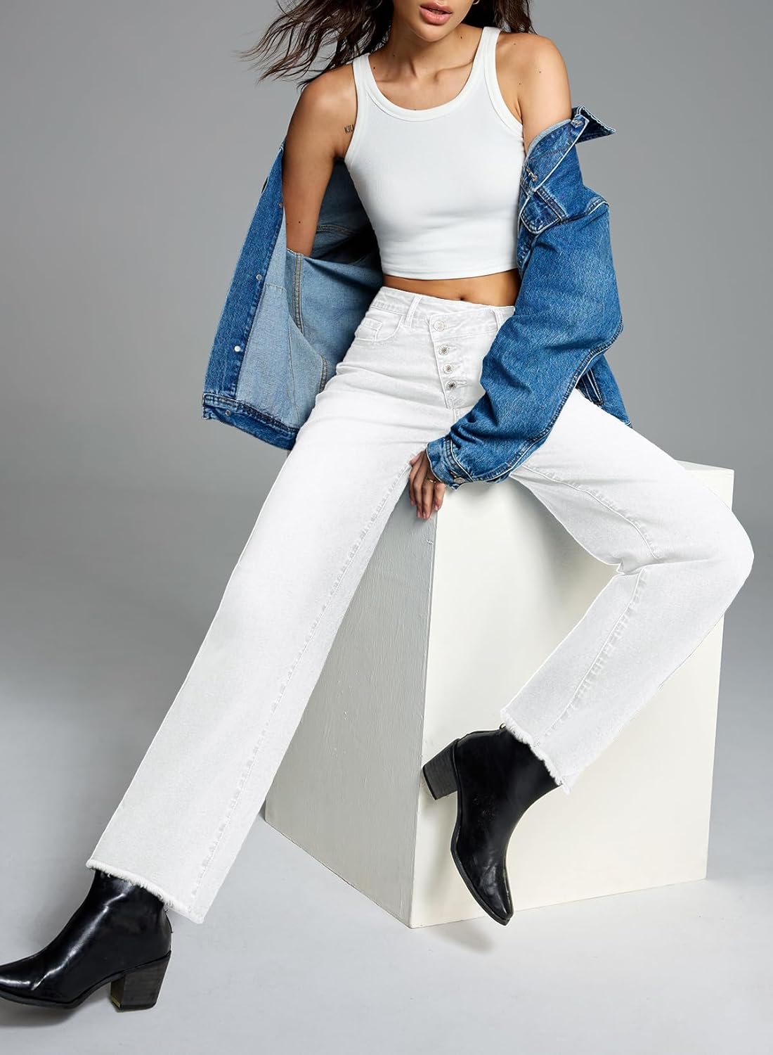 Sidefeel Women's Wide Leg Jeans High Waisted Stretchy Baggy Diagonal Waist Raw Hem Denim Pants - Image 4