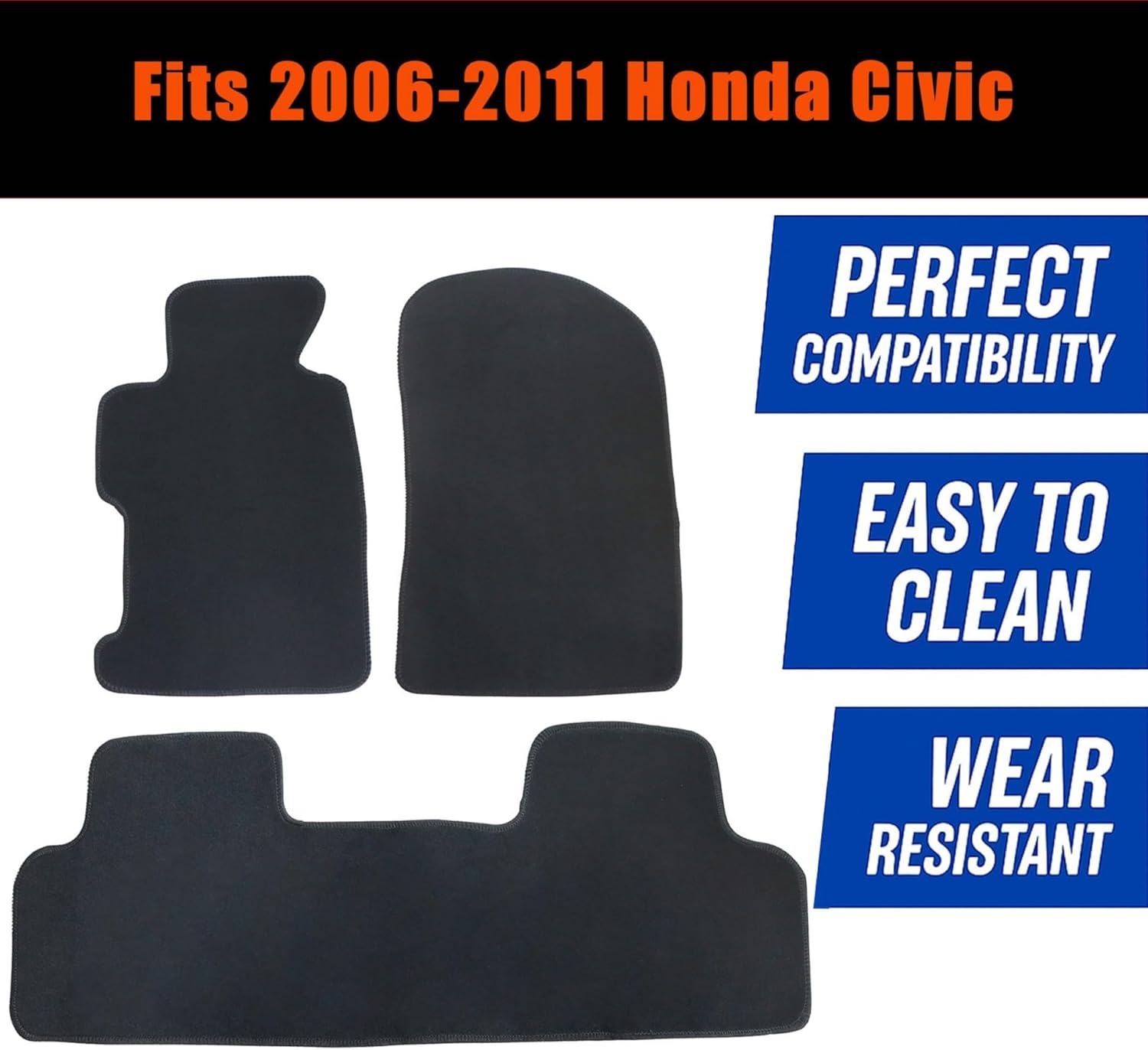 GXARTS 3PCS Front & Rear Velour Floor Mats Carpet Black Replacement Compatible with Honda Civic 2006 2007 2008 2009 2010 2011 Anti- Slip