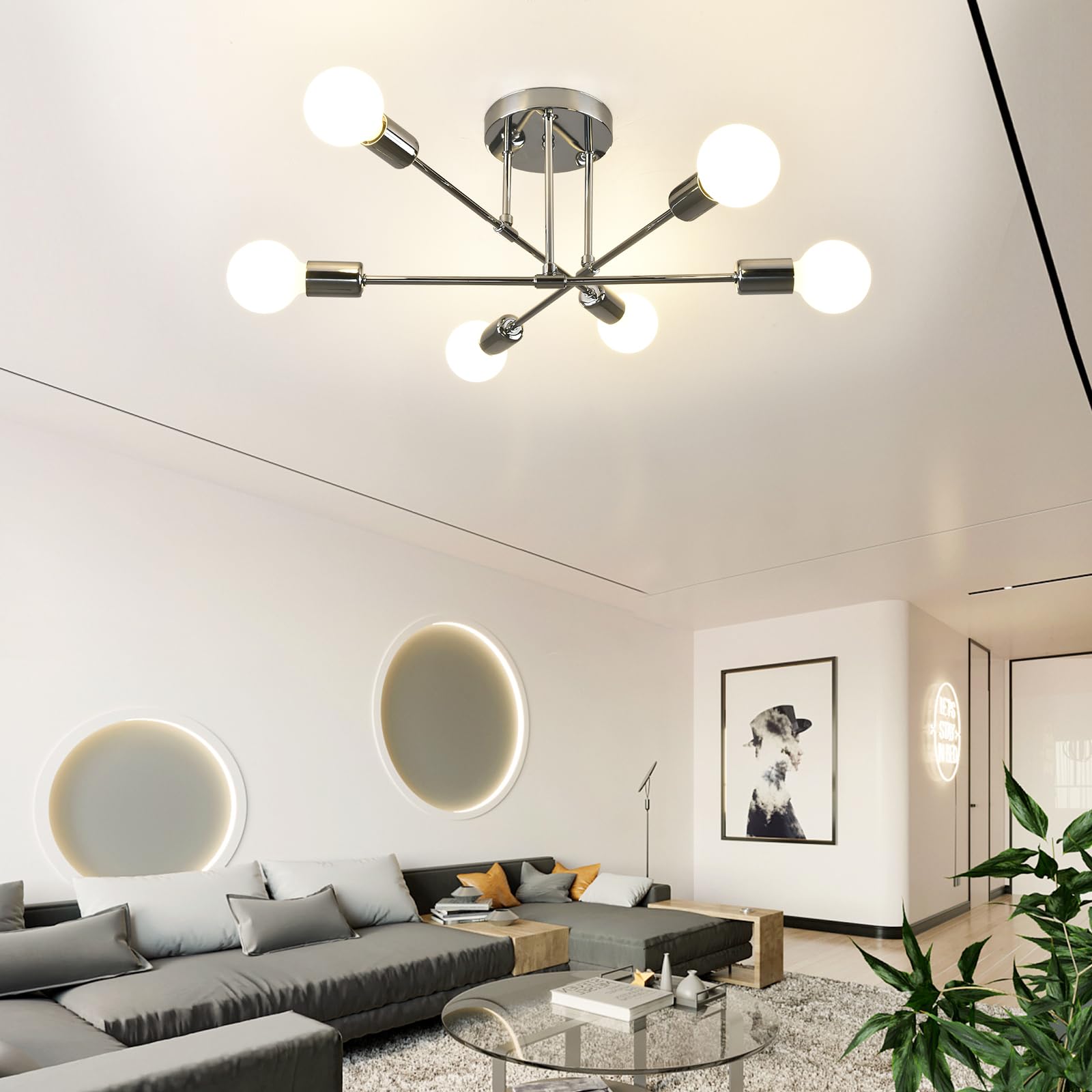 Modern Ceiling Light Fixture Sputnik Chandelier 6 Lights Mid Century Vintage Industrial Pendant Lighting for Living Room Bedroom
