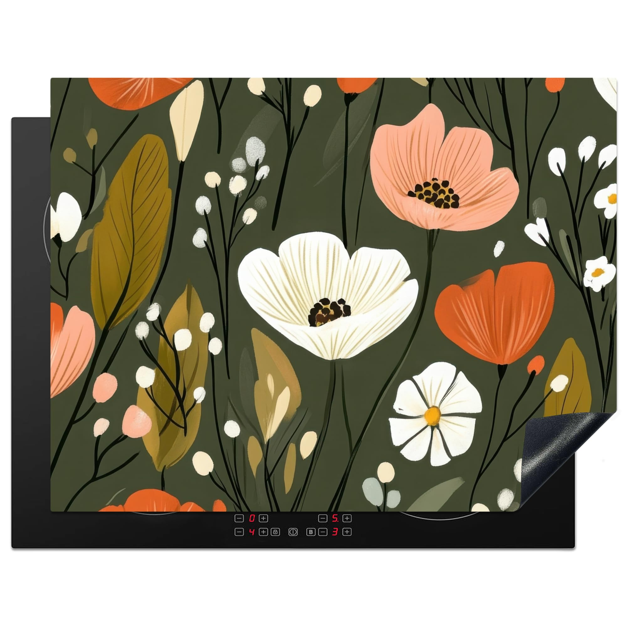 KitchenYeah© Induction Hob Cover Protector Mat 23.2"x30.3" / 77x59 cm Kitchen Universal Ceramic Covers for Electric Cookers Vinyl Flowers - Illustration - Green