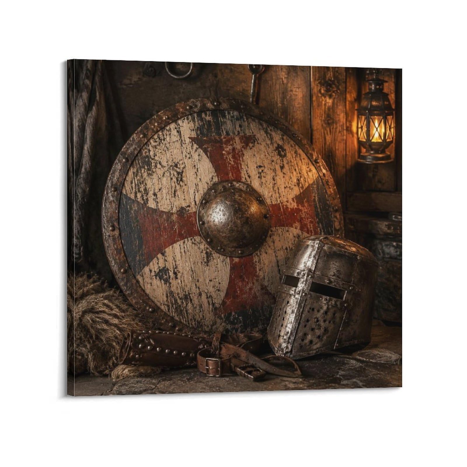 XKUGA Medieval Knight Rustic Poster Circular Shield Armory Relic Modern Decorative Canvas Prints - Ideal Wall Art for Family, Man Cave, Game Room, Boys & Girls Bedroom 12x12inch(30x30cm)