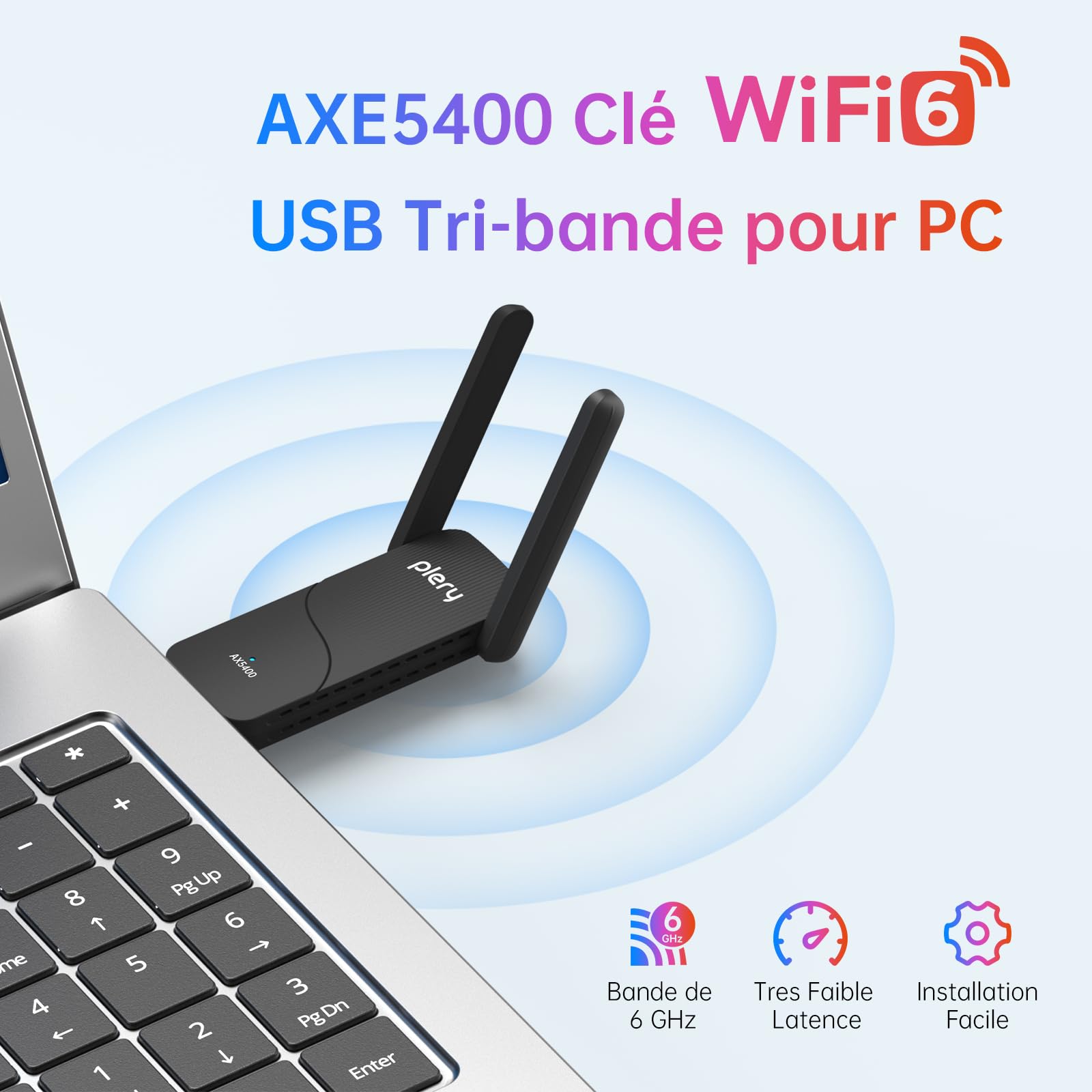 Clé WiFi 6 5400Mbps Tri-Bande 6GHz 5GHz 2,4GHz 2×6dBi Antenne USB 3.0 Dongle PC Windows 11/10 WPA3