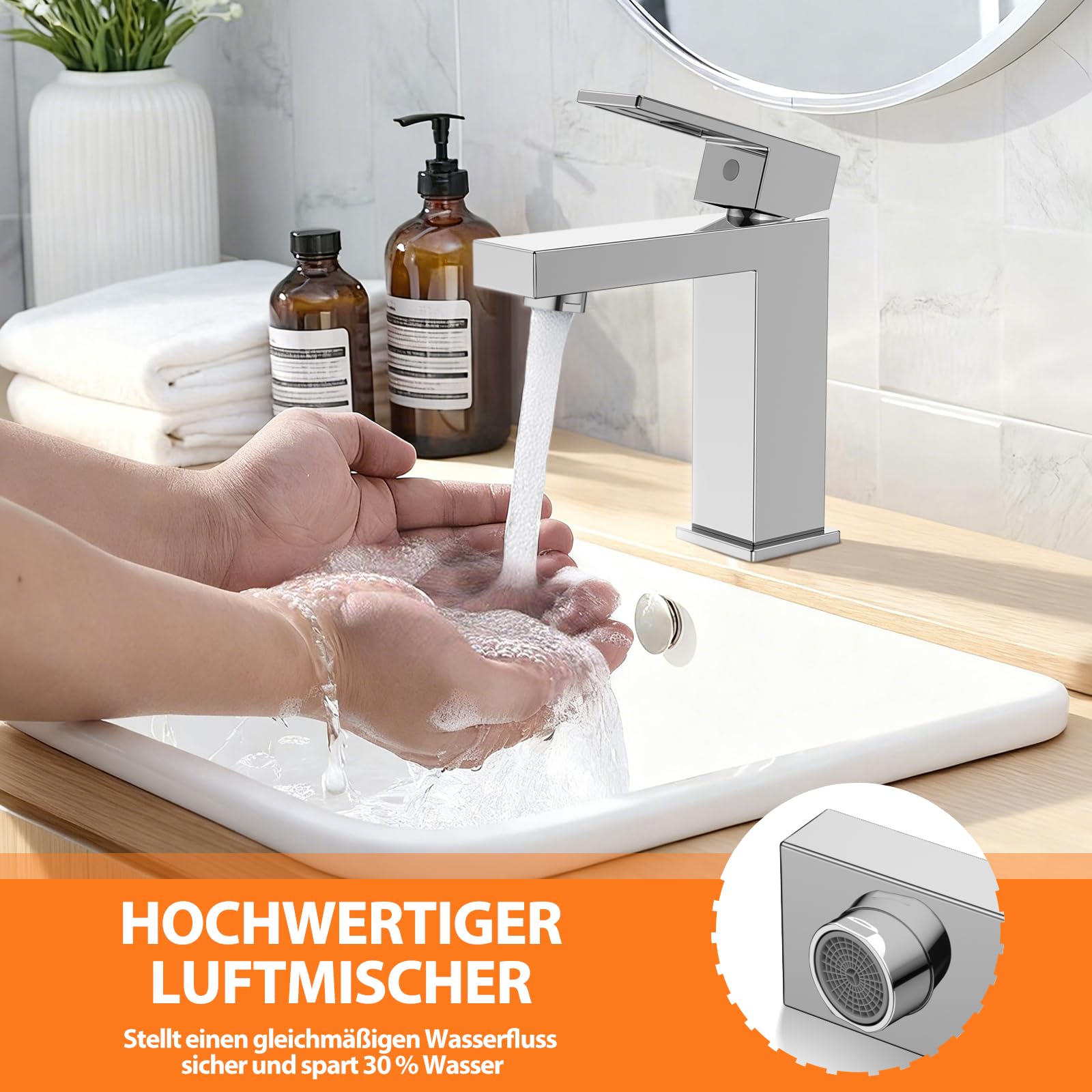 Grifo de baño monomando para lavabo, HURRAN grifo de baño cromado, grifo mezclador de agua caliente/fría, grifos de lavabo, fácil montaje para autocaravanas inodoros lavabos