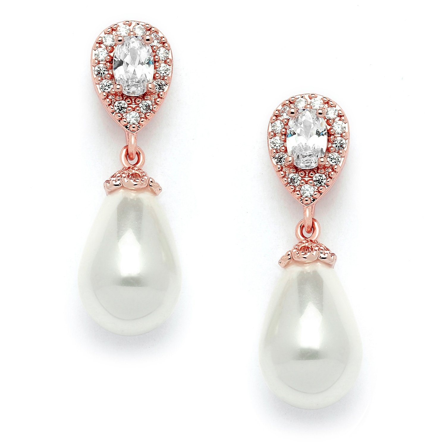 MariellRose Gold Pear-Shaped Cubic Zirconia Wedding Earrings for Brides with Bold Soft Cream Pearl Drops