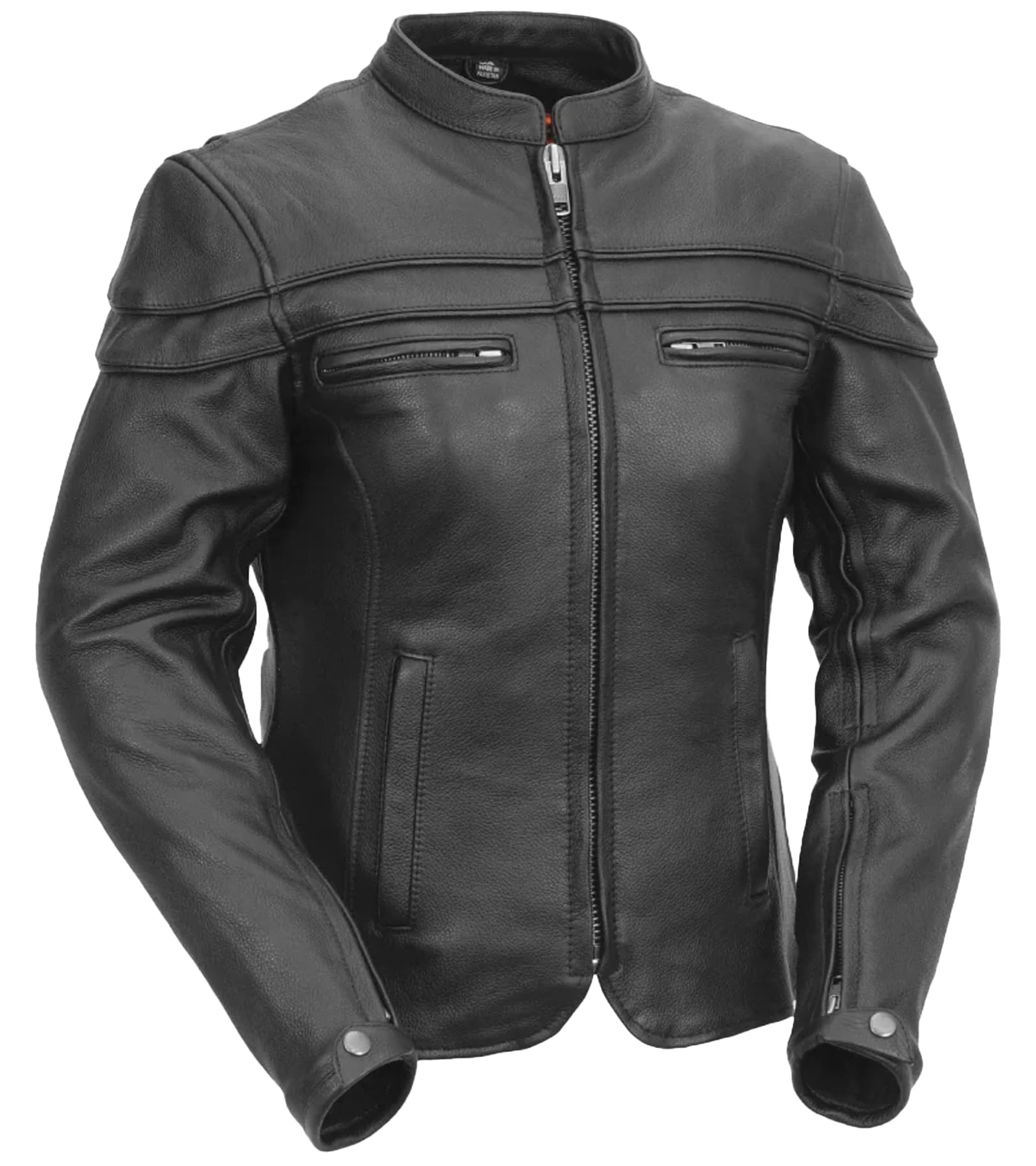First Mfg Co - Maiden - Women's Motorcycle Biker Riding Black Leather Jacket - Small - Action Back Side Relief Zippers Thermal Liner