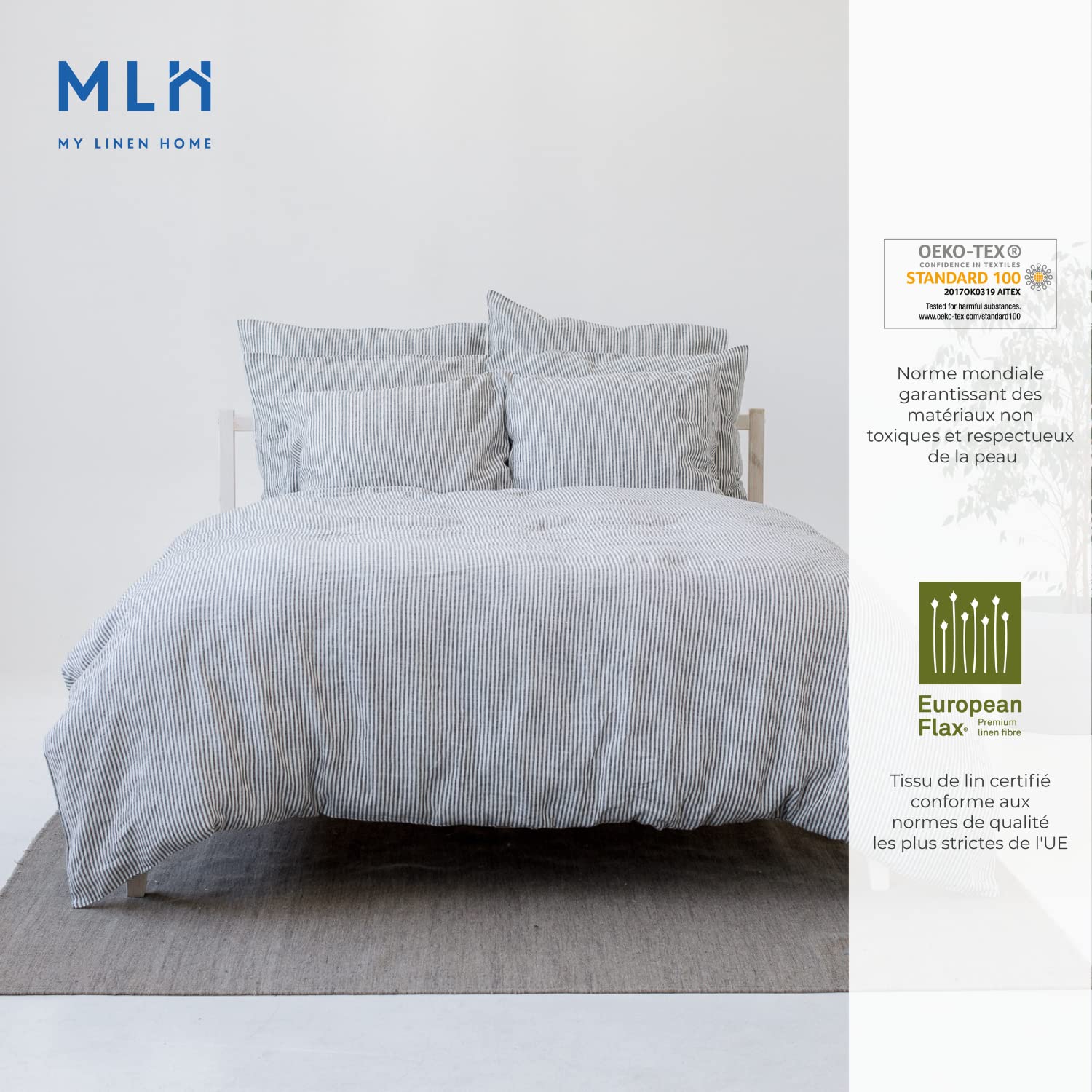 My Linen Home | Parure de Lit - 100% Lin Lavé | 1 Housse de Couette 200x200 avec Fermeture éclair | 2 Taies Oreiller 50x70 avec Fermeture à Revers | Linge de Lit et Oreillers | à Rayures