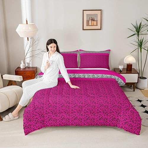Manfei Juego de edredón de leopardo rosa, tamaño individual, juego de ropa de cama con estampado de cebra de 2 piezas para decoración de habitación