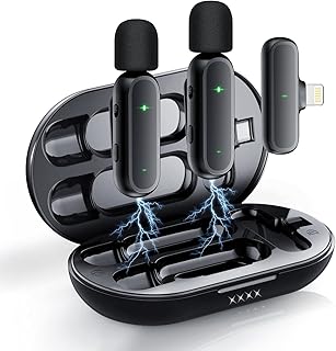 Wireless Microphone for iPhone, RICCHI Mini Microphone Mics with Charging Case, 2 Pack Rechargable Noise Reduction Lavalier Microphones for Video Recording, Interview, YouTube, TikTok, Vlog