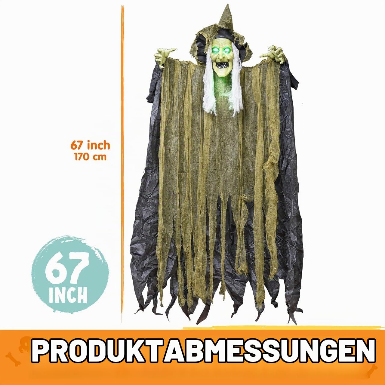 JOYIN Halloween Hexen Dekoration zum Aufhängen, 170 cm, braunes zerlumptes Gewand, mit Licht und Ton (durch Ton aktiviert), gruselige, animierte Halloween Dekoration für Party-Requisiten im Freien
